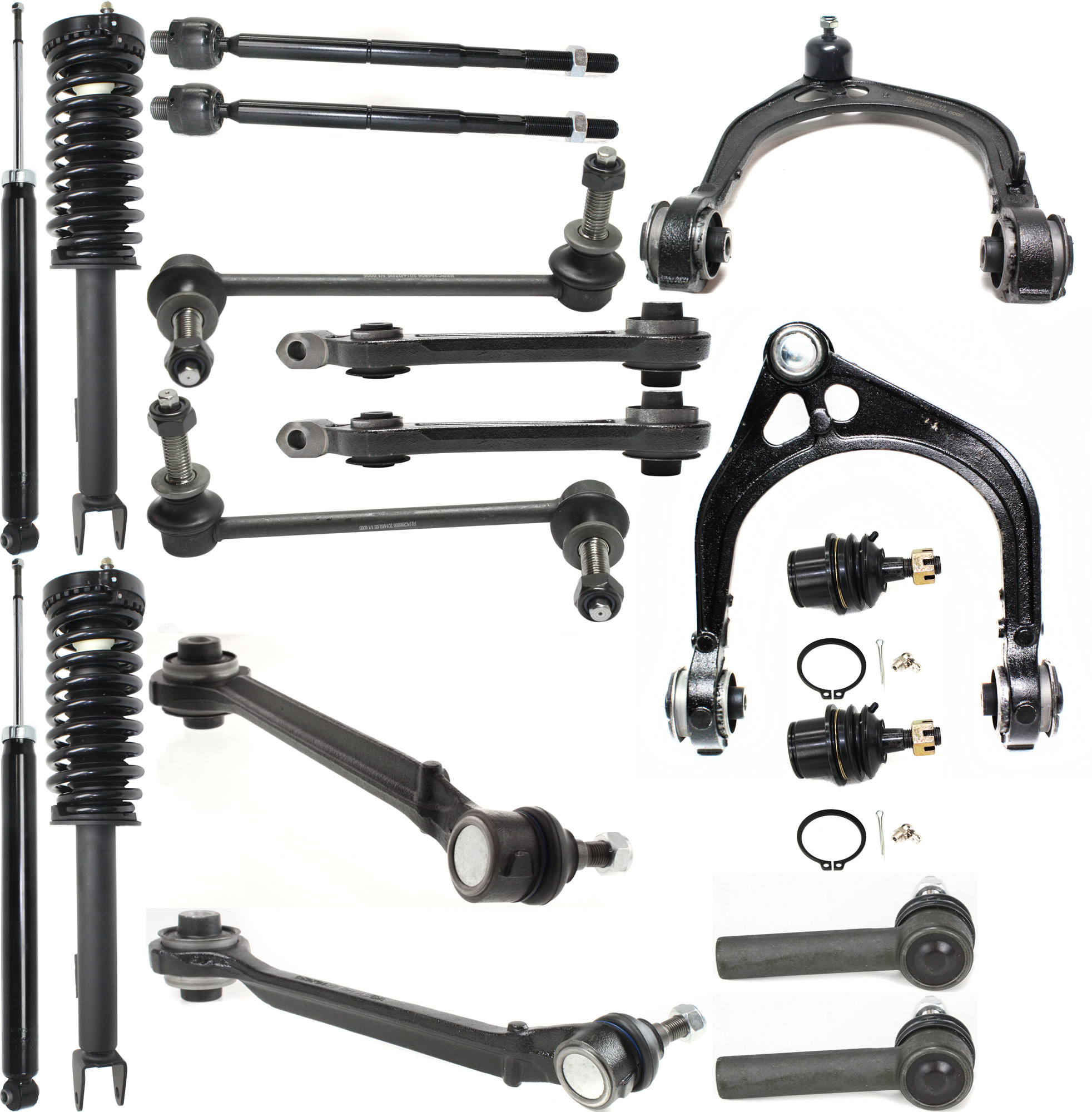 AM CHRYSLER 300-05-10 FRONT CONTROL ARM RH AND LH Upper and Lower Forward and Rearward 18 pc kit with Ball Joints Loaded Struts Shock Absorbers Sway Bar Links and Tie Rod Ends SKU KIT 030317-17 OEM 2601744-5051433-45D2442-46D