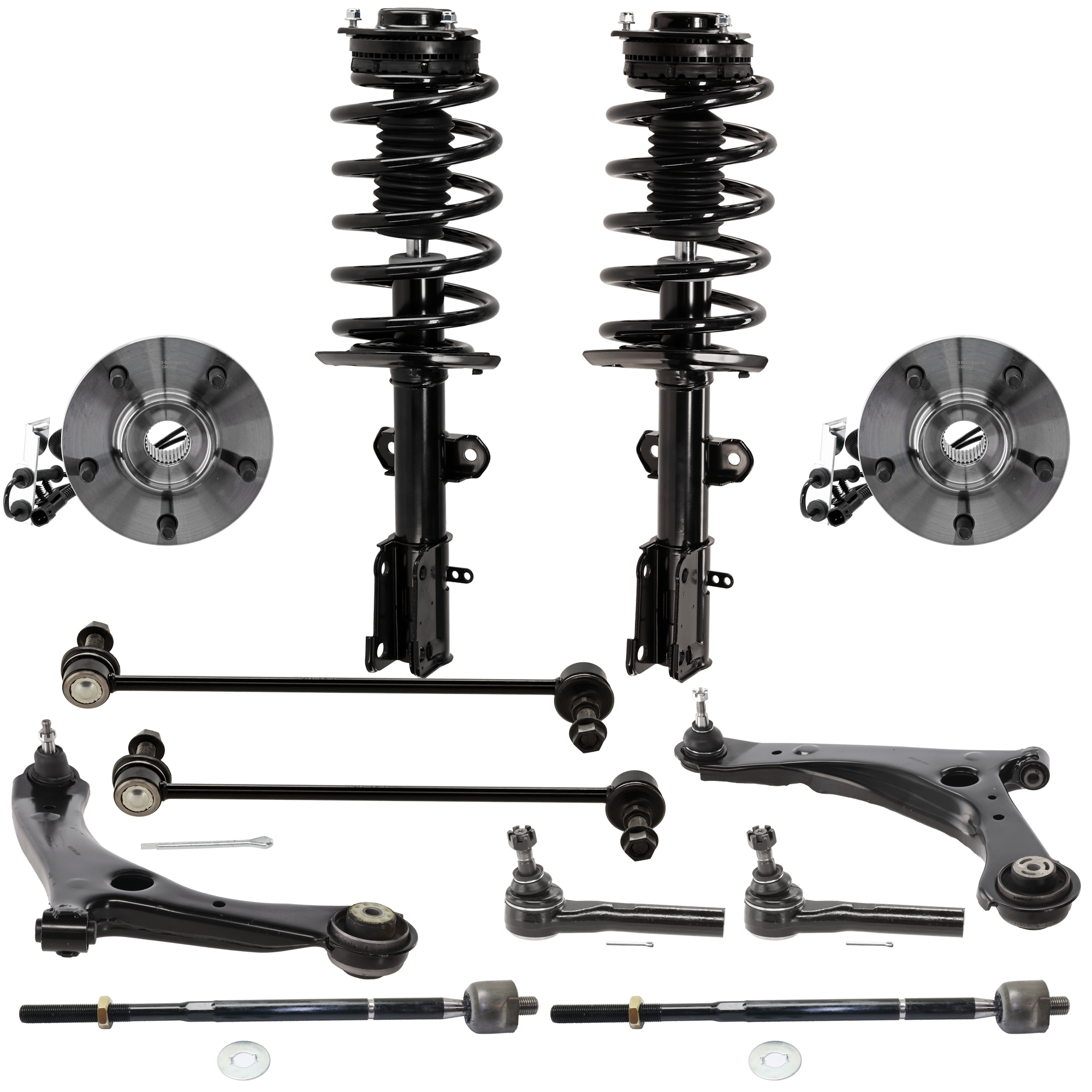 AM TOWN COUNTRY 11-16 GRAND CARAVAN 11-20 FRONT CONTROL ARM KIT RH AND LH Lower 12 pc kit with Shock Absorber and Strut Assembly Sway Bar Links Tie Rod Ends and Wheel Hubs SKU KIT 030321-02-70 OEM 4766911AL 4766910AL 4766910AE