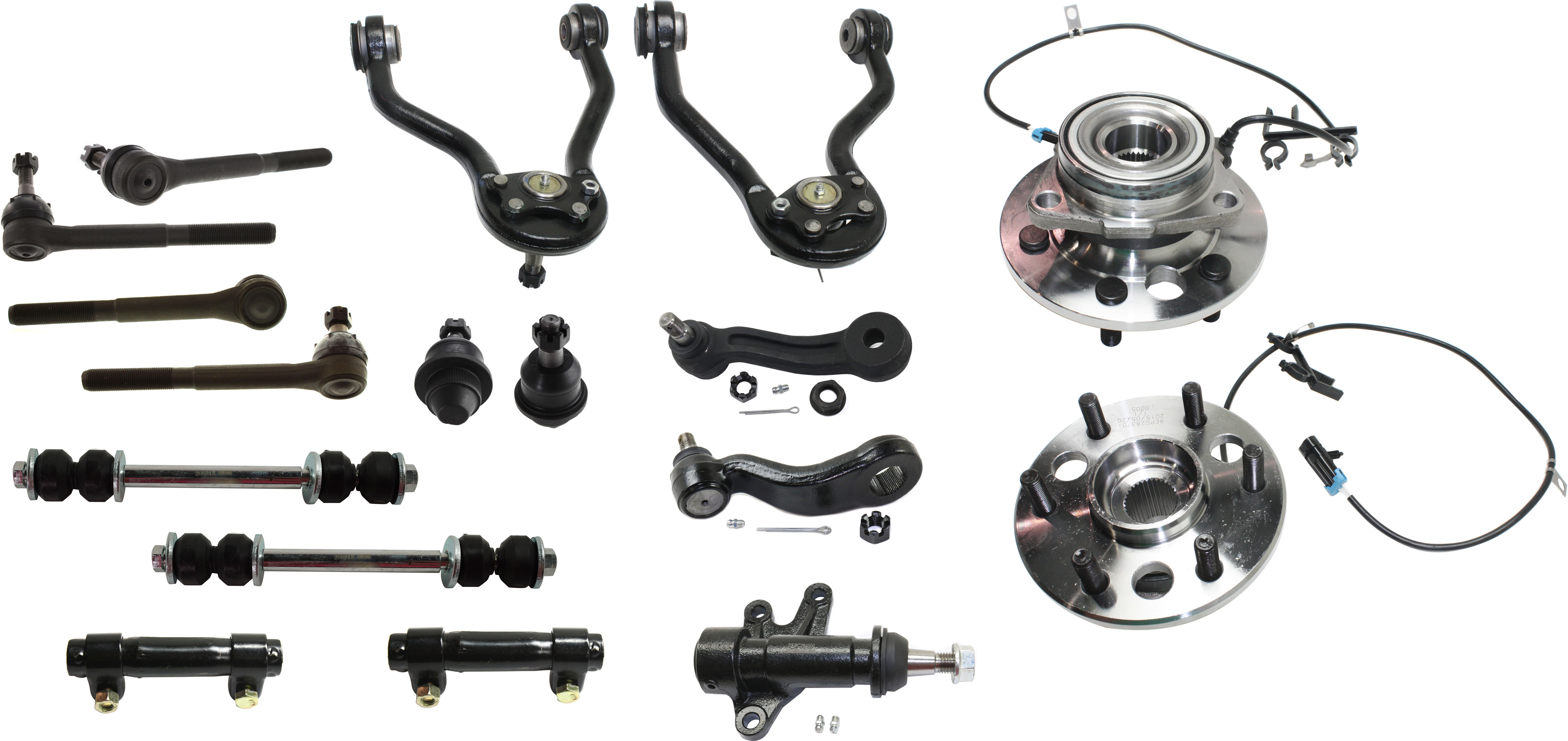 AM TAHOE 00-00 YUKON 95-00 FRONT CONTROL ARM KIT RH AND LH Upper 17 pc kit with Ball Joints Idler Arm Idler Arm Bracket Pitman Arm Sway Bar Links Tie Rod Adjusting Sleeves Tie Rod Ends and Whee SKU KIT 030321-02-79 OEM 104221-286020-2601474-50512