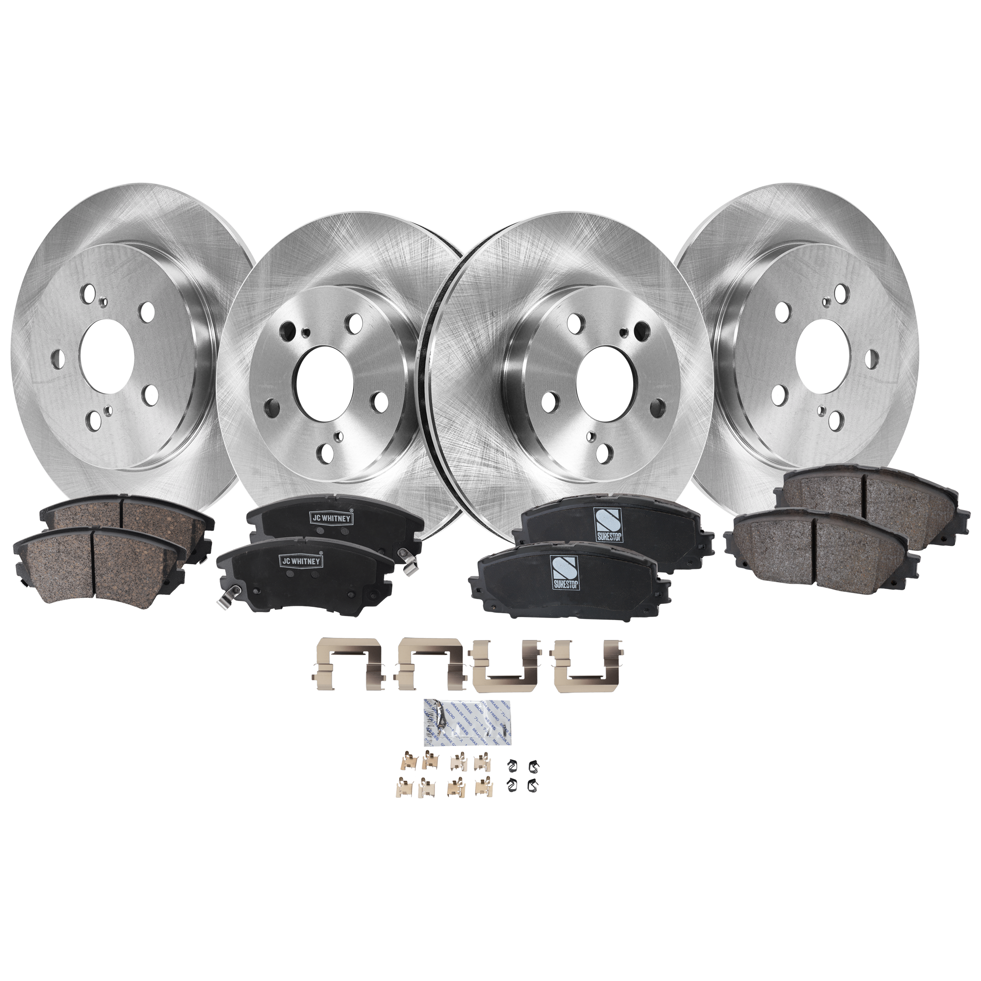 AM PRIUS 10-15 CT200H 11-16 FRONT AND REAR BRAKE DISC AND PAD KIT 8 pc kit Plain Surface SKU KIT 030321-02-85 OEM 4243102250-4243102200-42431123