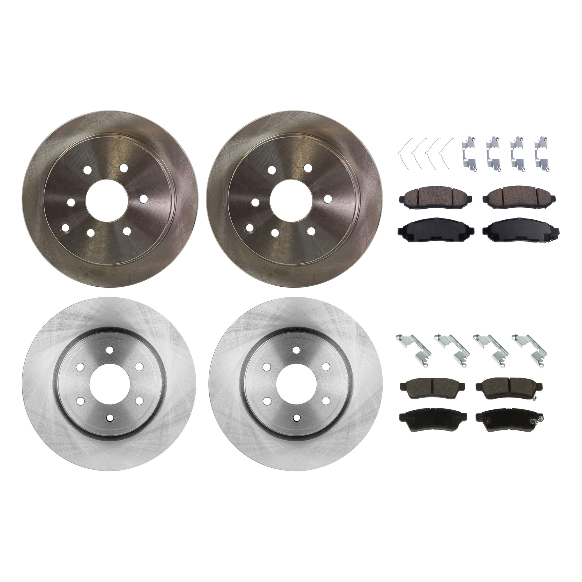 AM EQUATOR 09-12 FRONTIER 05-15 FRONT AND REAR BRAKE DISC AND PAD KIT 8 pc Kit Plain Surface SKU KIT 030321-02-86 OEM 40206EB300-40206EA00A 402069BE