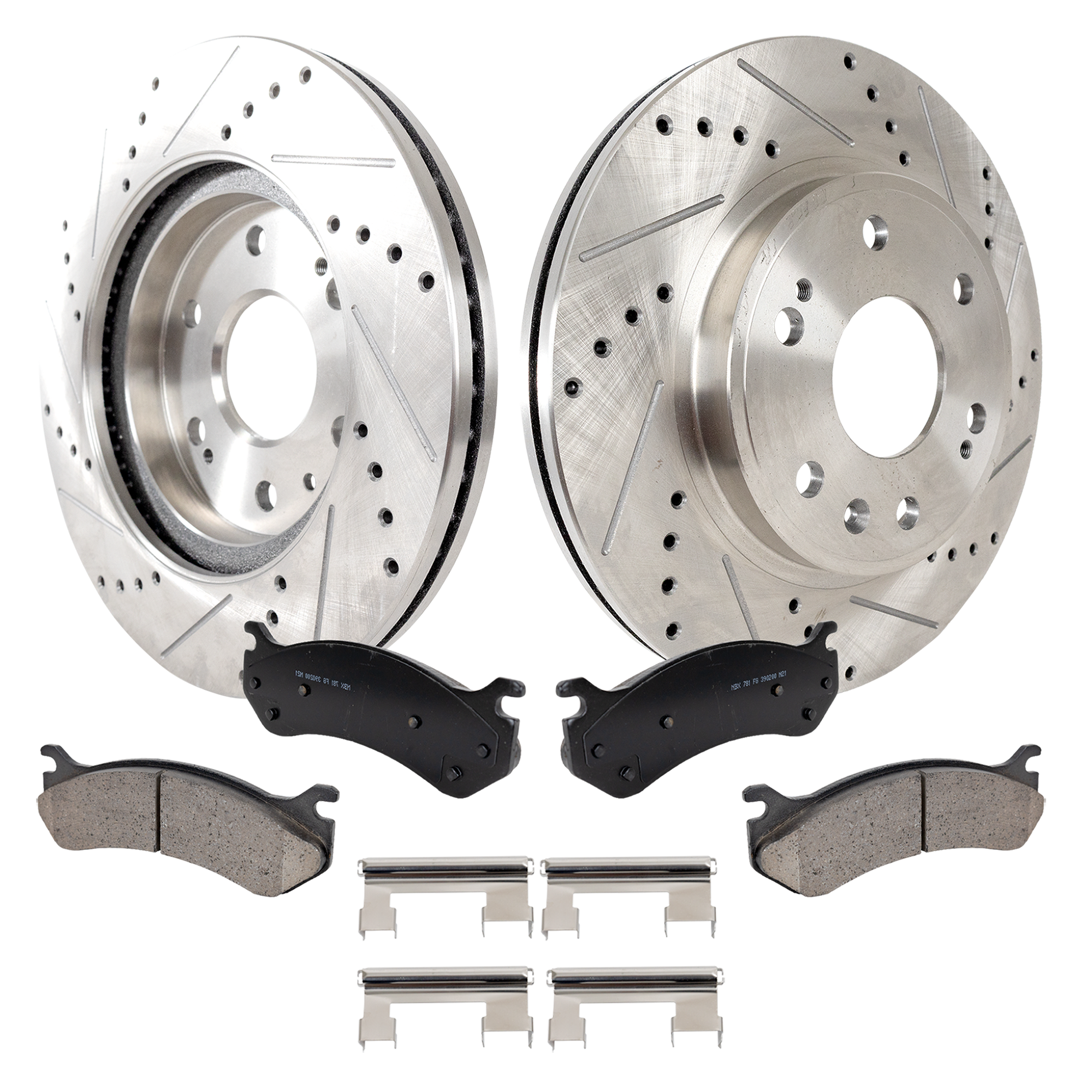 AM SIERRA SILVERADO 99-07 EXPRESS 1500 SAVANA 1500-03-08 FRONT BRAKE DISC AND PAD KIT 4 pc Kit Cross drilled and Slotted SKU KIT 030323-03 OEM 19914-55054-56825-101419-14525