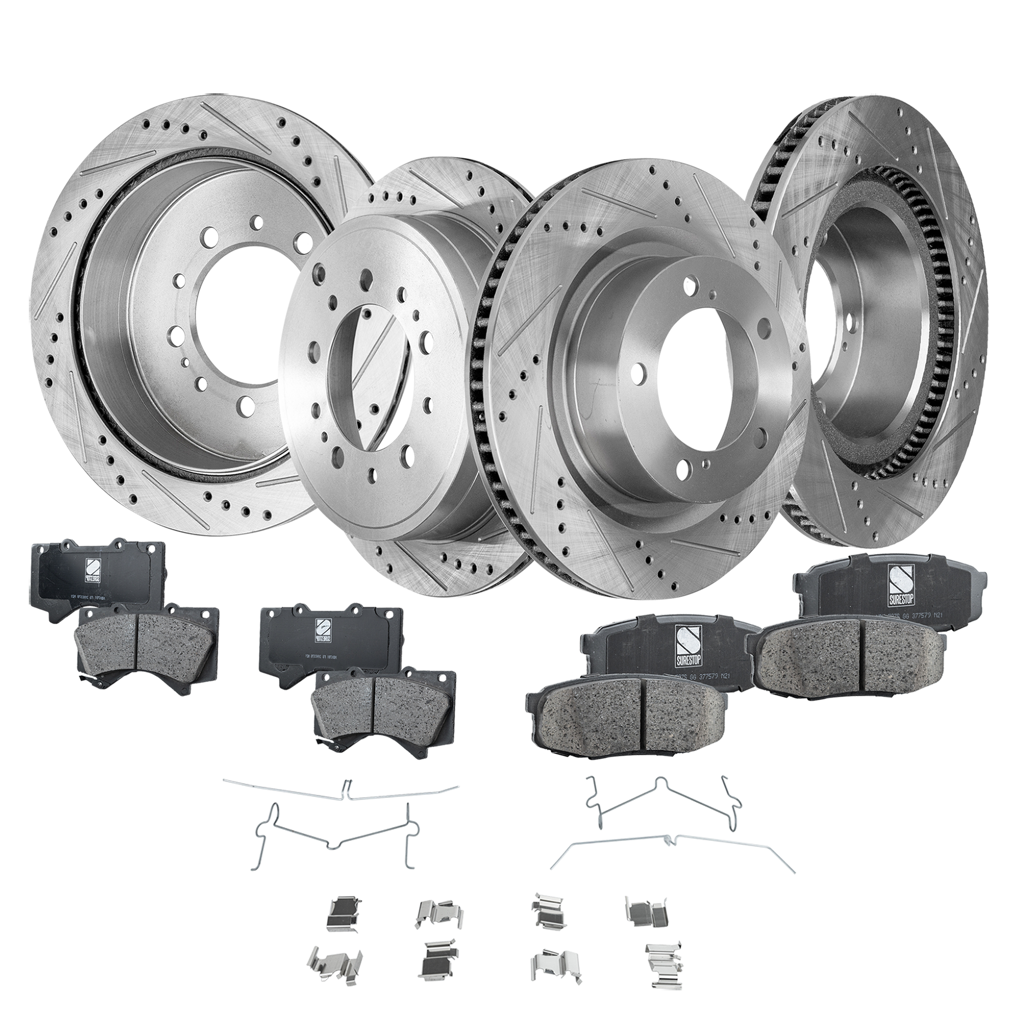 AM SEQUOIA 08-21 TUNDRA 07-21 FRONT BRAKE DISC AND PAD KIT Cross Drilled and Slotted 4 Wheel Set SKU KIT 030323-04 OEM 90076137-980584FZN HC31483X 90