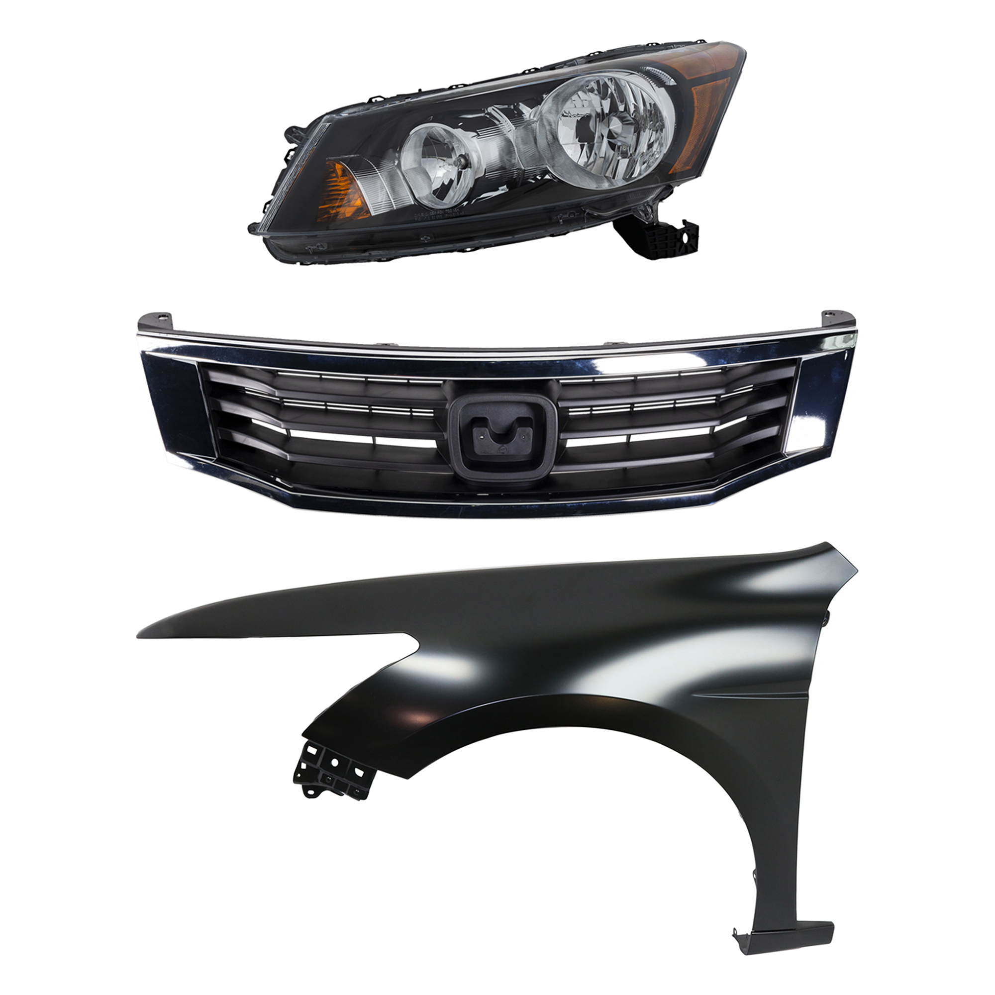 AM ACCORD 08-10 HEAD LAMP LH Assembly Halogen 3 pc Kit with Fender and Grille CAPA SKU KIT 030323-10102 Partslink HO1200222 HO1240173C HO2502130C OEM 33150TA0A01-60260TA0A91ZZ 7112