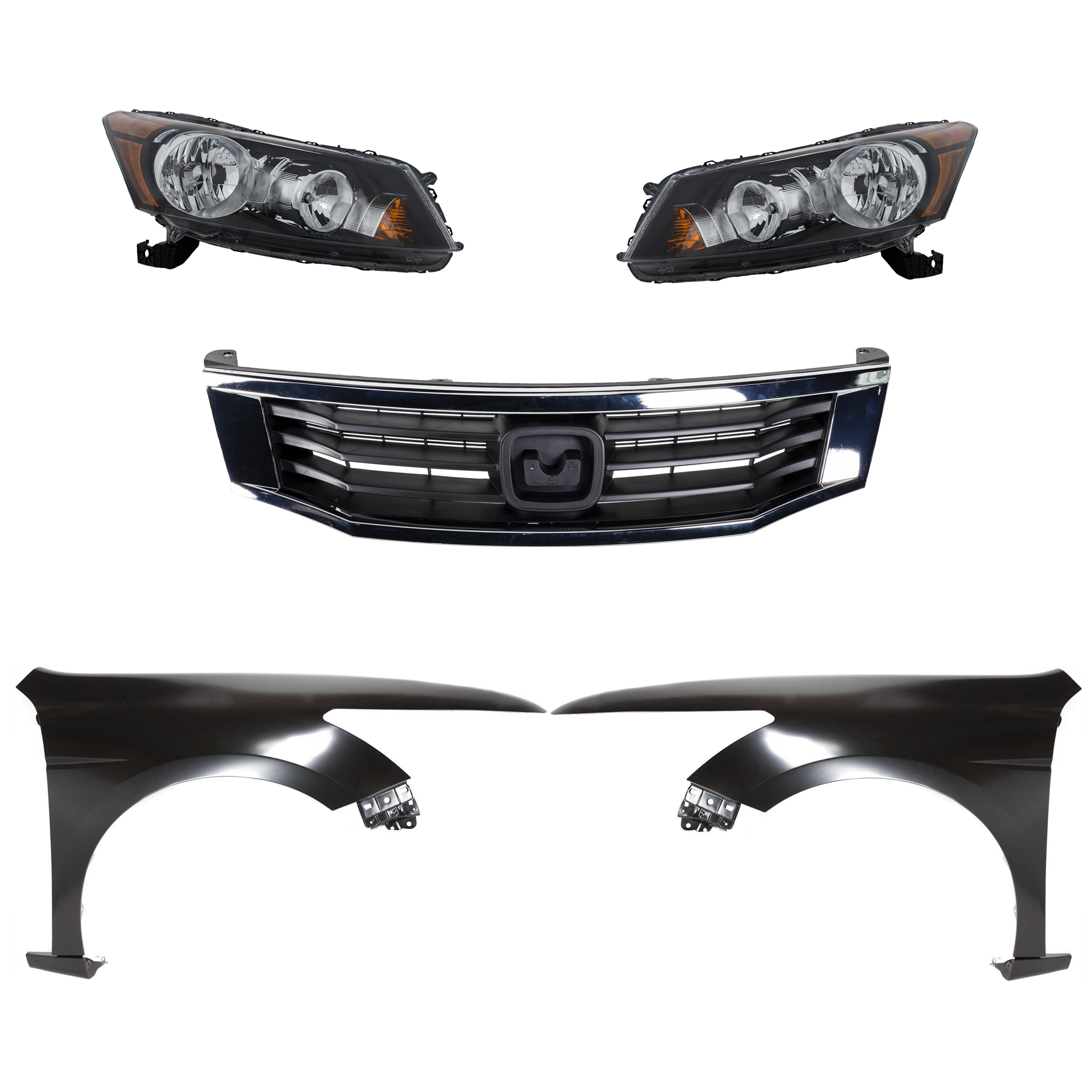 AM ACCORD 08-10 HEAD LAMP RH AND LH Assembly Halogen 5 pc Kit with Fenders and Grille CAPA SKU KIT 030323-101 Partslink HO1200222 HO1240173C HO1241173C HO2502130C HO2503130C OEM 33100TA0A01-33150TA0A01-60210T