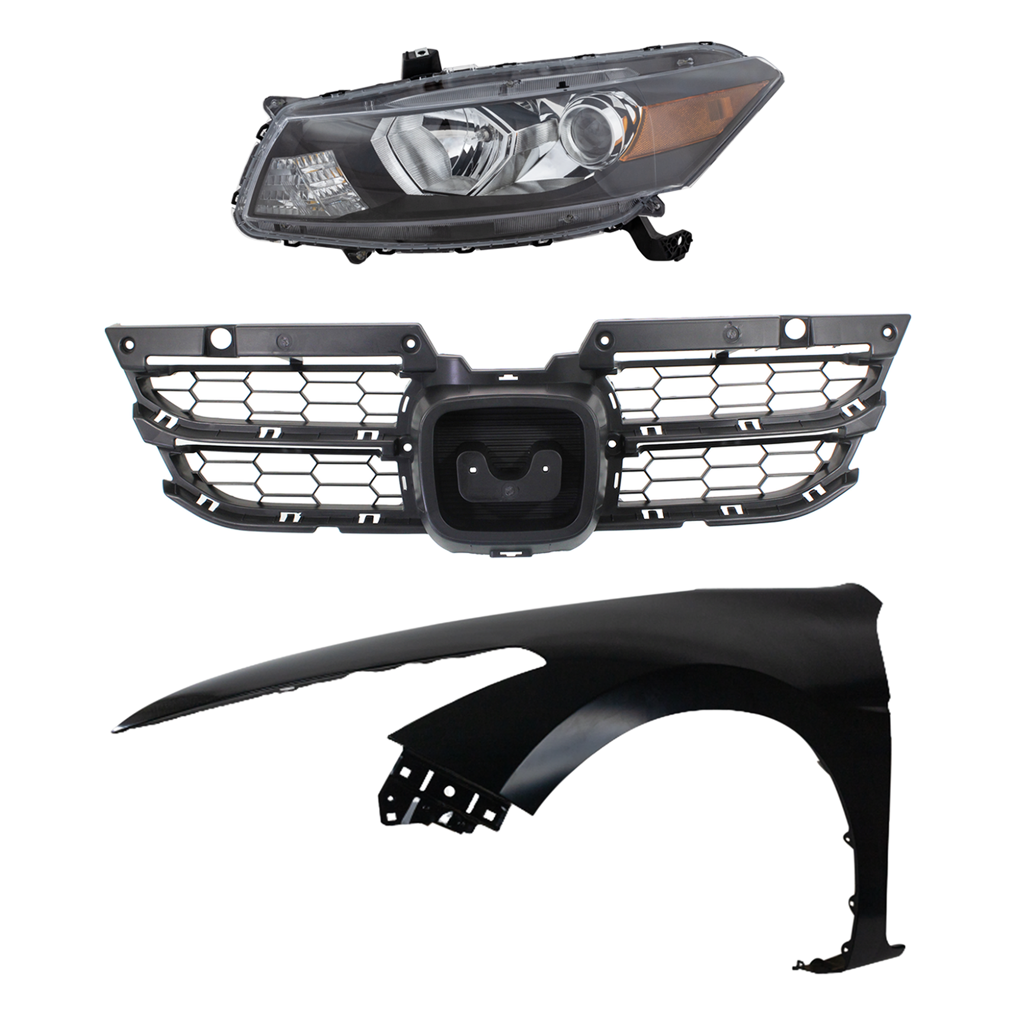 AM ACCORD 11-12 HEAD LAMP LH Assembly Halogen 3 pc Kit with Fender and Grille Assembly SKU KIT 030323-11002 Partslink HO2502135 HO2502141 HO1240174 HO1223103 OEM 33150TE0A01-33150TE0A11-60260T