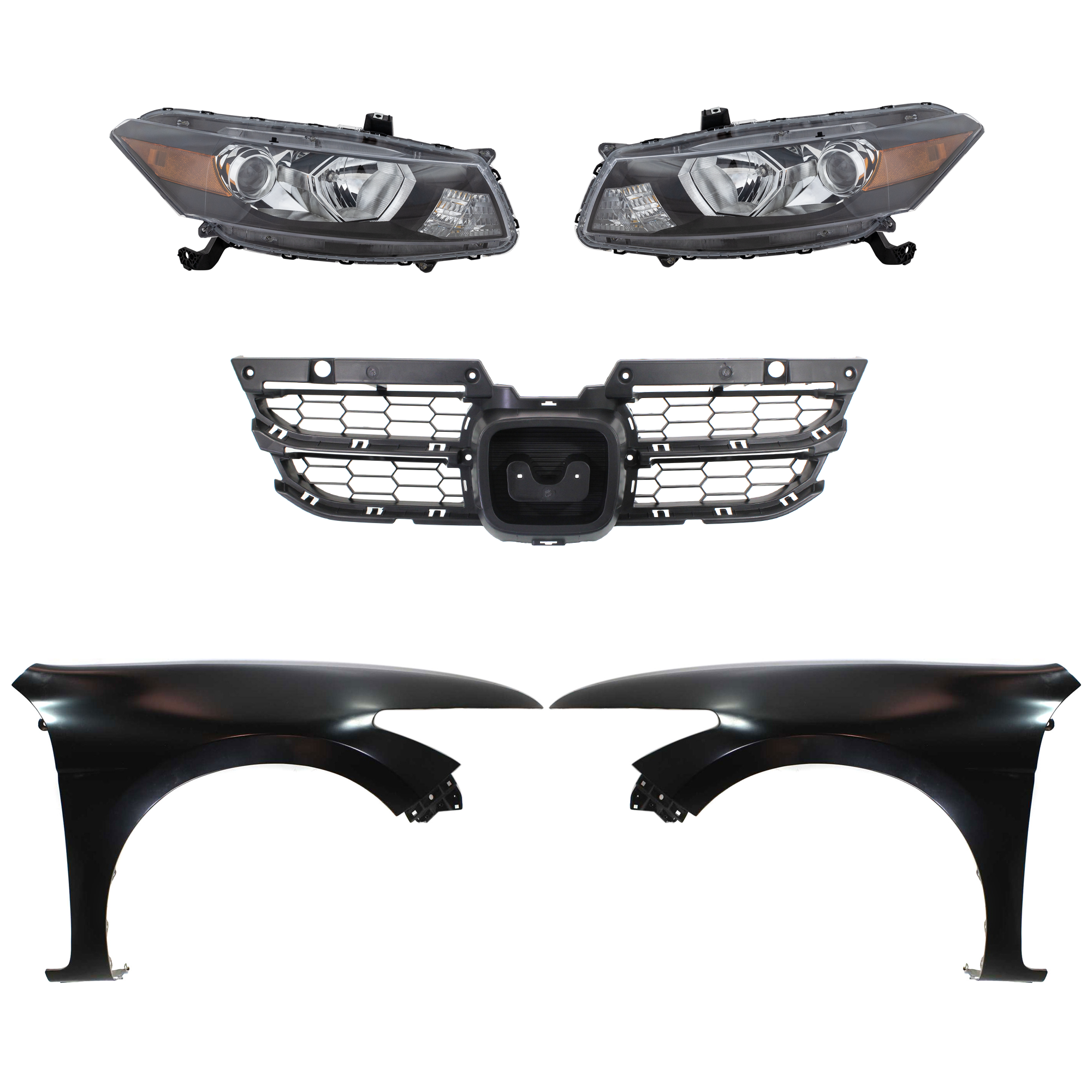 AM ACCORD 11-12 HEAD LAMP RH AND LH Assembly Halogen 5 pc Kit with Fenders and Grille Assembly SKU KIT 030323-110 Partslink HO2503135 HO2503141 HO2502135 HO2502141 HO1241174 HO1240174 HO1223103 OEM 33100TE0A01-33100TE0A11-33150T