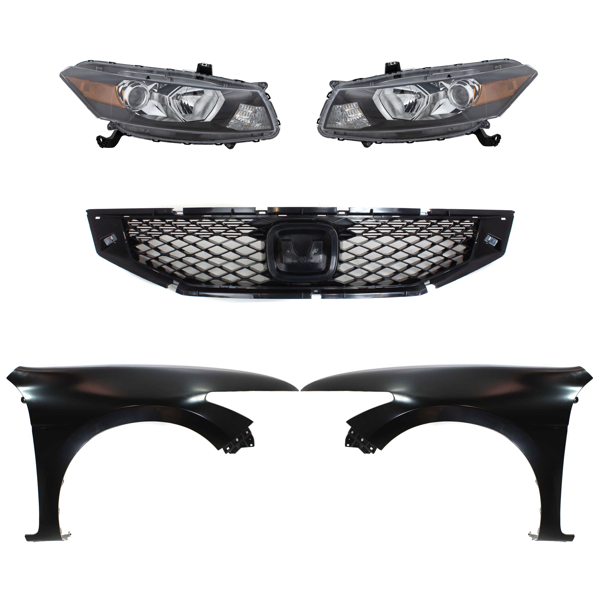 AM ACCORD 08-10 HEAD LAMP RH AND LH Assembly Halogen 5 pc Kit with Fenders and Grille Assembly SKU KIT 030323-111 Partslink HO2503135 HO2503141 HO2502135 HO2502141 HO1241174 HO1240174 HO1200192 OEM 33100TE0A01-33100TE0A11-33150T