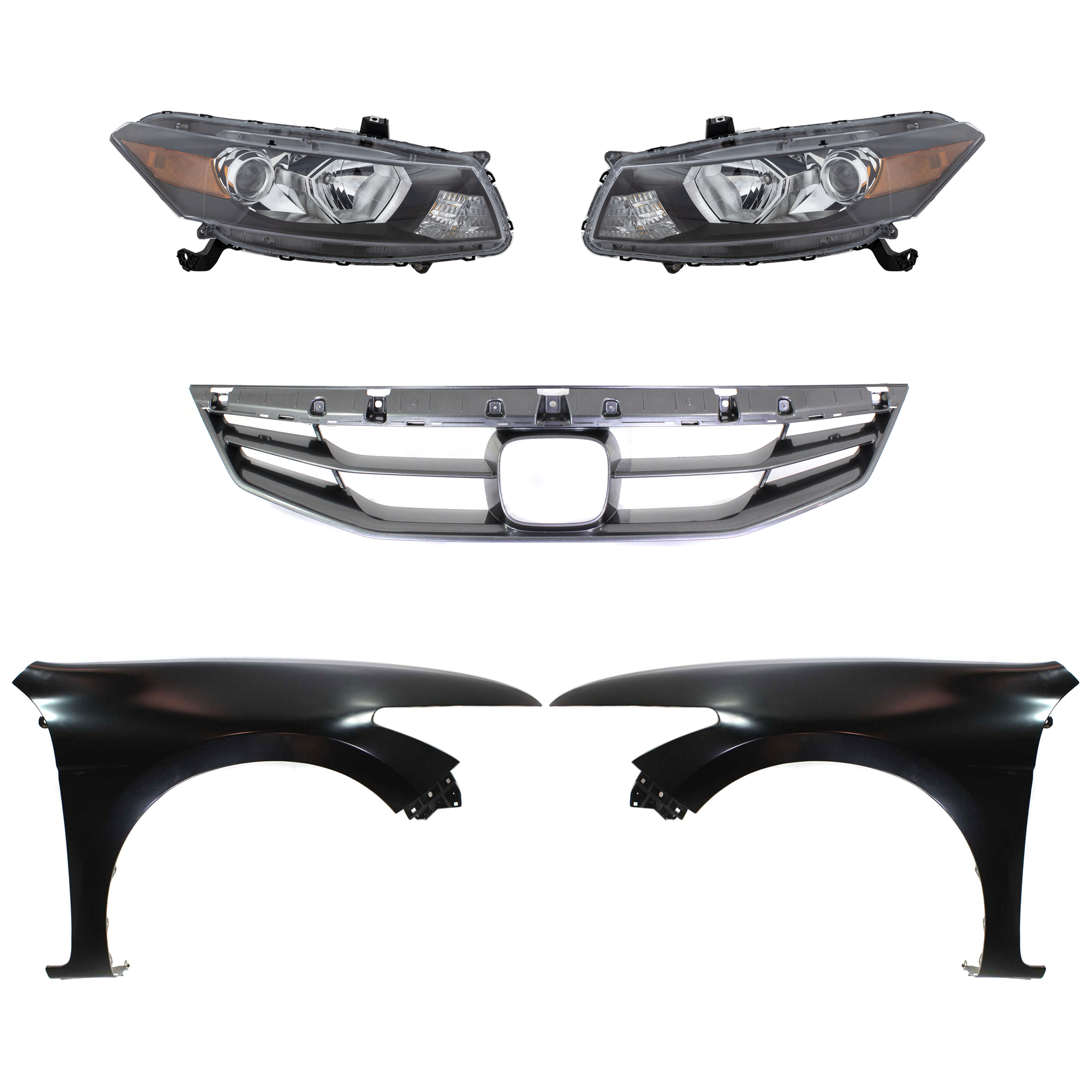AM ACCORD 11-12 HEAD LAMP RH AND LH Assembly Halogen 5 pc Kit with Fenders and Grille Assembly SKU KIT 030323-112 Partslink HO2502135 HO2502141 HO2503135 HO2503141 HO1241174 HO1240174 HO1200202 OEM 33100TE0A01-33100TE0A11-33150T
