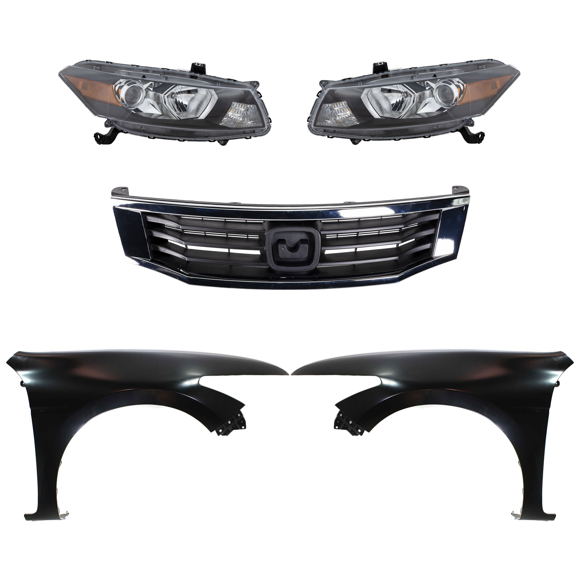 AM ACCORD 08-10 HEAD LAMP RH AND LH Assembly Halogen 5 pc Kit with Fenders and Grille Assembly SKU KIT 030323-113 Partslink HO2502135 HO2502141 HO2503135 HO2503141 HO1241174 HO1240174 HO1200222 OEM 33100TE0A01-33100TE0A11-33150T