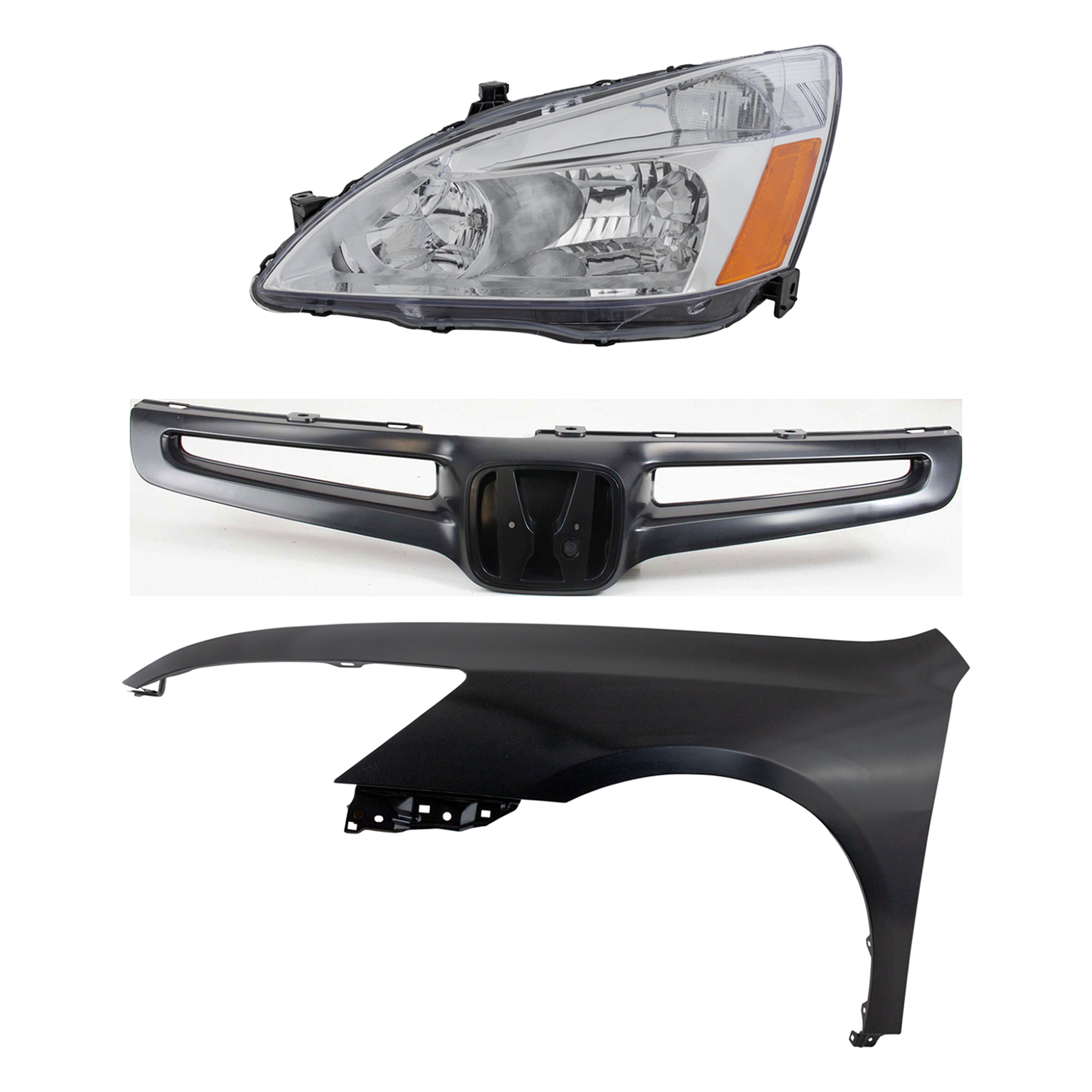 AM ACCORD 03-05 HEAD LAMP LH Assembly Halogen 3 pc Kit with Fender and Grille Assembly SKU KIT 030323-11802 Partslink HO1240157 HO1200157 OEM 33151SDAA01 PFM 04630SDAA90ZZ