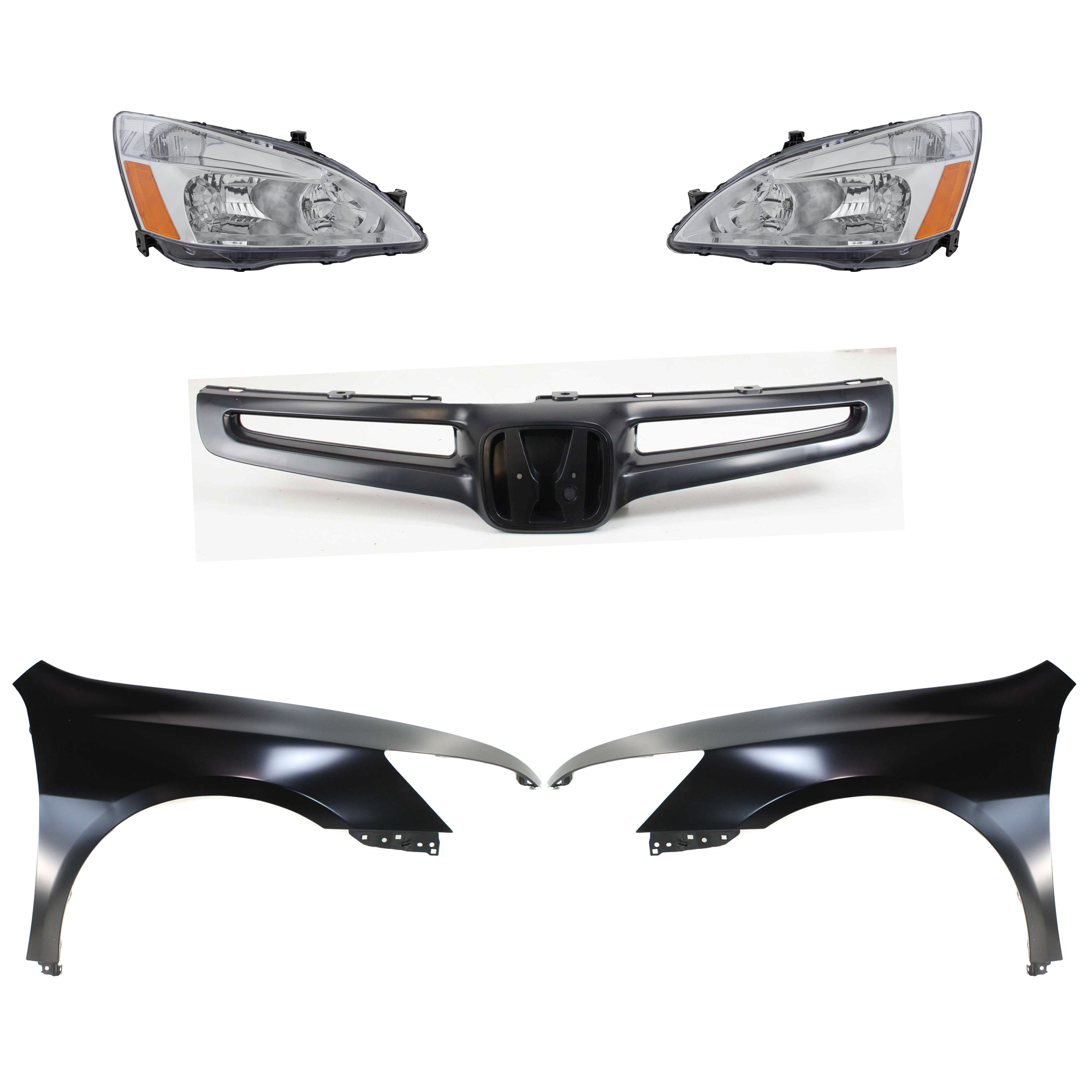 AM ACCORD 03-05 HEAD LAMP RH AND LH Assembly Halogen 5 pc Kit with Fenders and Grille Assembly SKU KIT 030323-118 Partslink HO1241157 HO1240157 HO1200157 OEM 33151SDAA01 PFM 33101SDAA01 PF
