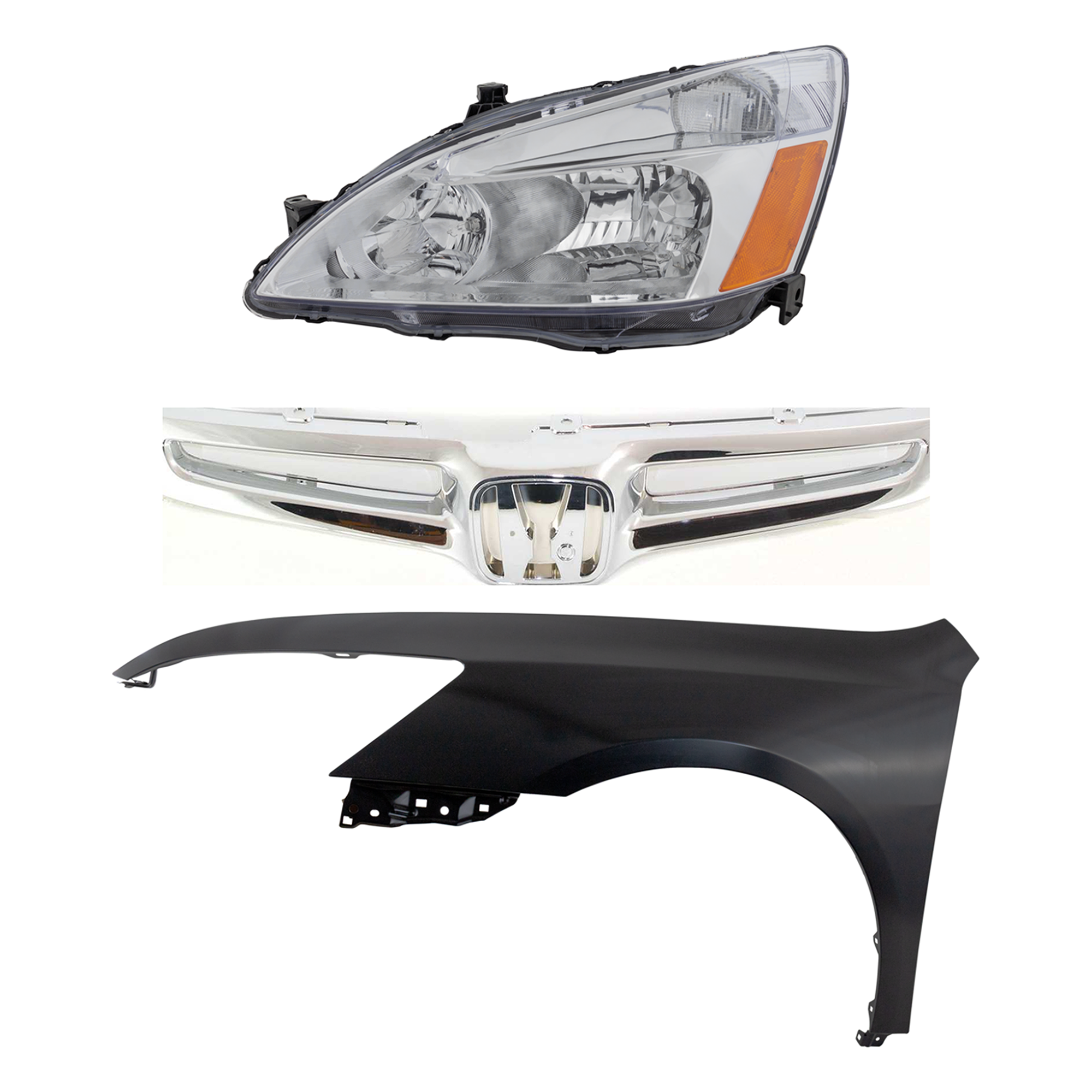 AM ACCORD 03-05 HEAD LAMP LH Assembly Halogen 3 pc Kit with Fender and Grille Assembly SKU KIT 030323-11902 Partslink HO1240157 Performance OEM 33151SDAA01 PFM 04630SDAA90ZZ