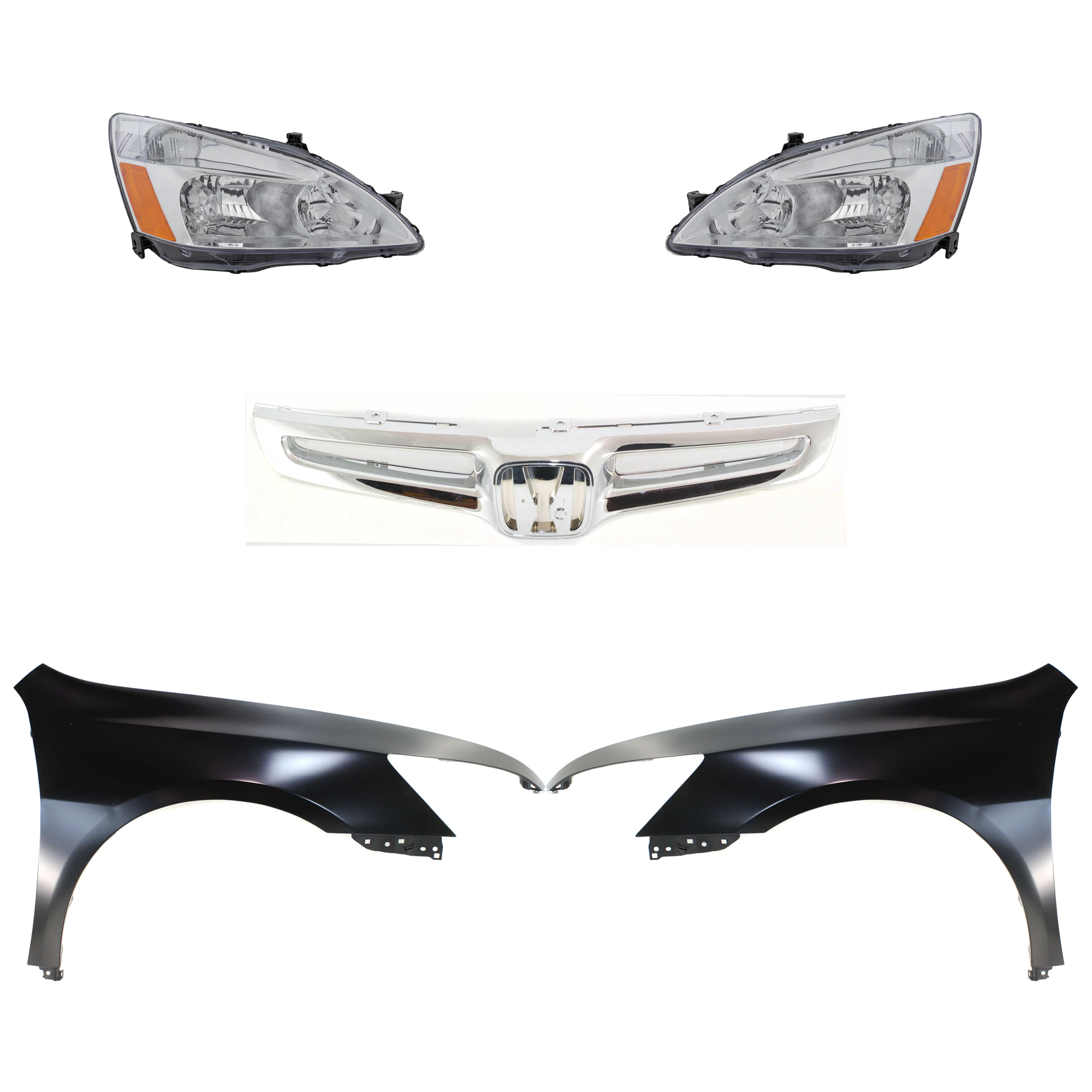 AM ACCORD 03-05 HEAD LAMP RH AND LH Assembly Halogen 5 pc Kit with Fenders and Grille Assembly SKU KIT 030323-119 Partslink HO1241157 HO1240157 Performance OEM 33151SDAA01 PFM 33101SDAA01 PF