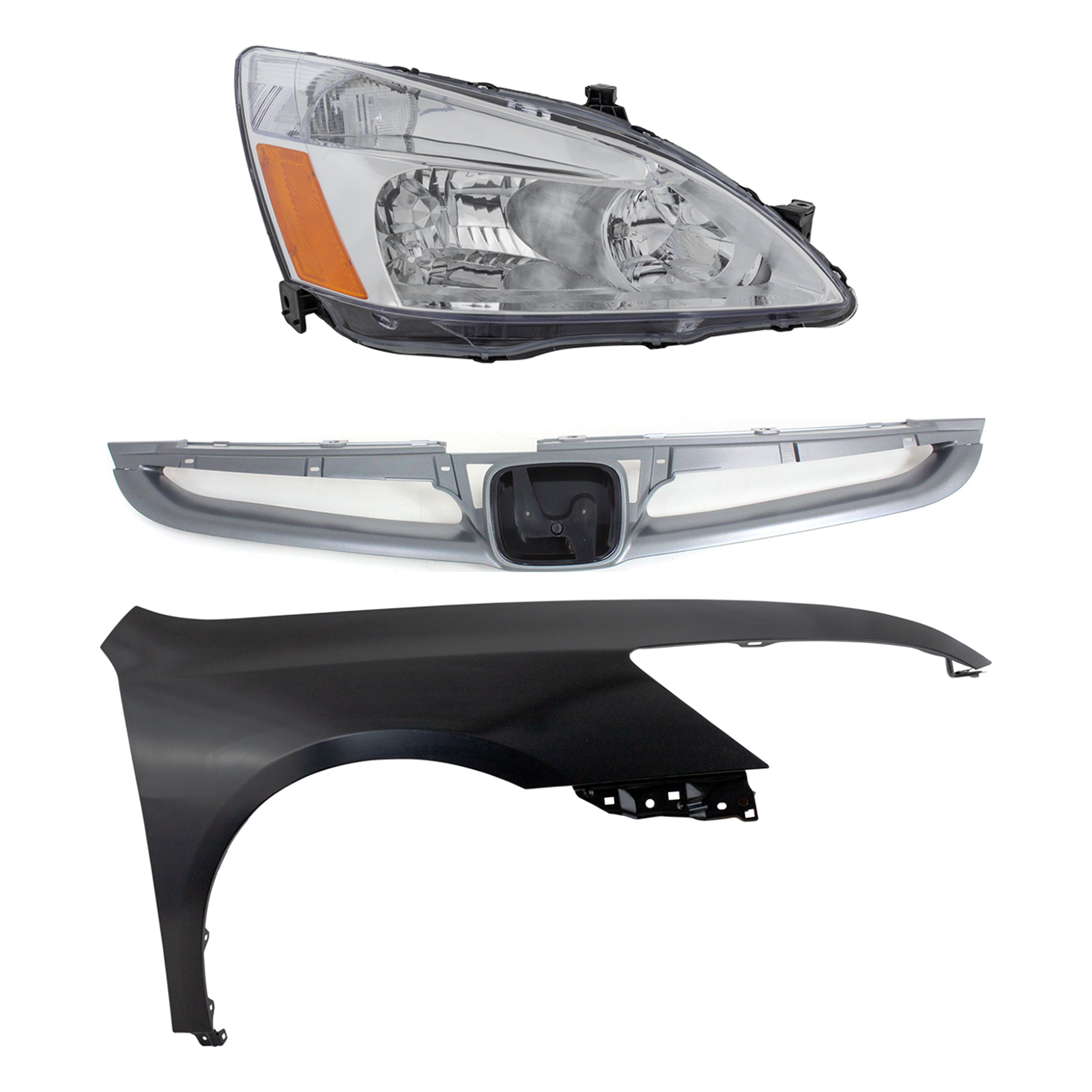 AM ACCORD 06-07 HEAD LAMP RH Assembly Halogen 3 pc Kit with Fender and Grille Assembly SKU KIT 030323-12001 Partslink HO1241157 HO1200179 OEM 33101SDAA01 PFM 04620SDAA90ZZ