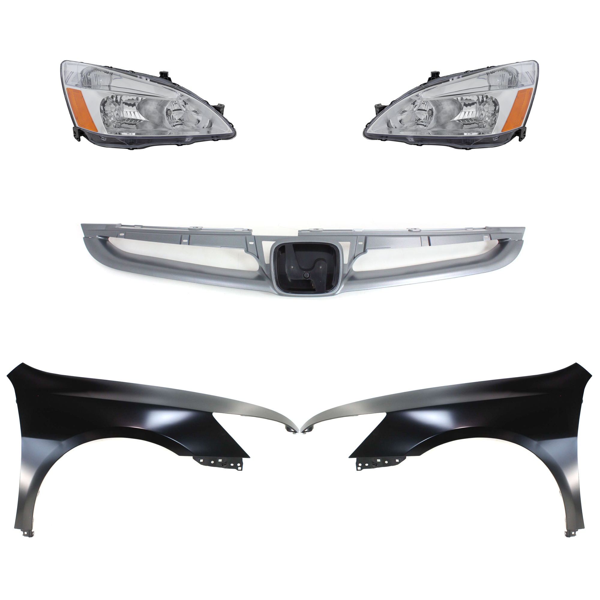 AM ACCORD 06-07 HEAD LAMP RH AND LH Assembly Halogen 5 pc Kit w Fenders and Grille SKU KIT 030323-120 Partslink HO1241157 HO1240157 HO1200179 OEM 33151SDAA01 PFM 33101SDAA01 PF