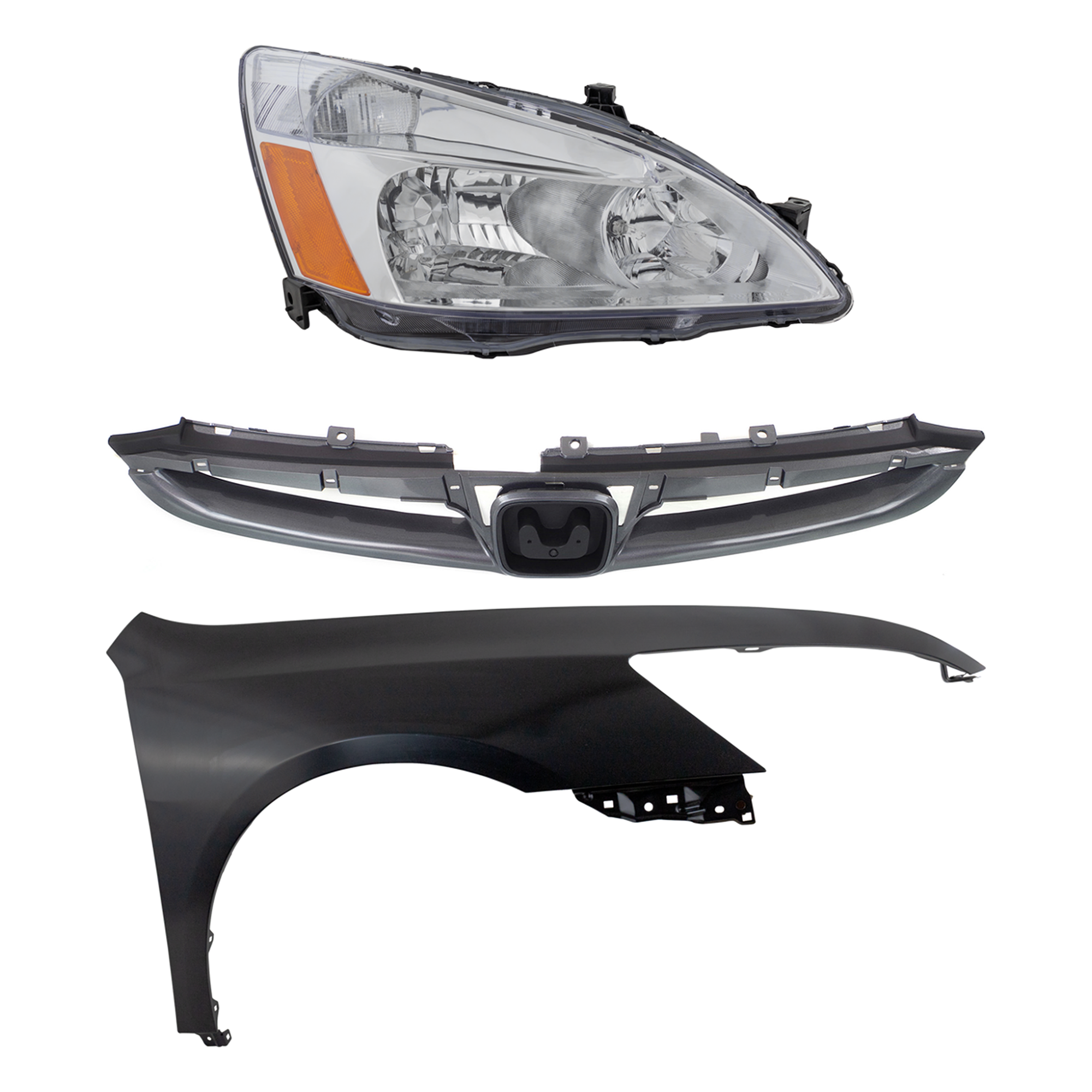 AM ACCORD 06-07 FRONT FENDER RH Primed 3 pc Kit with Grille and Headlight CAPA SKU KIT 030323-12301 Partslink HO1200179C HO1241157C OEM 04620SDAA90ZZ 33101SDAA01 PFM