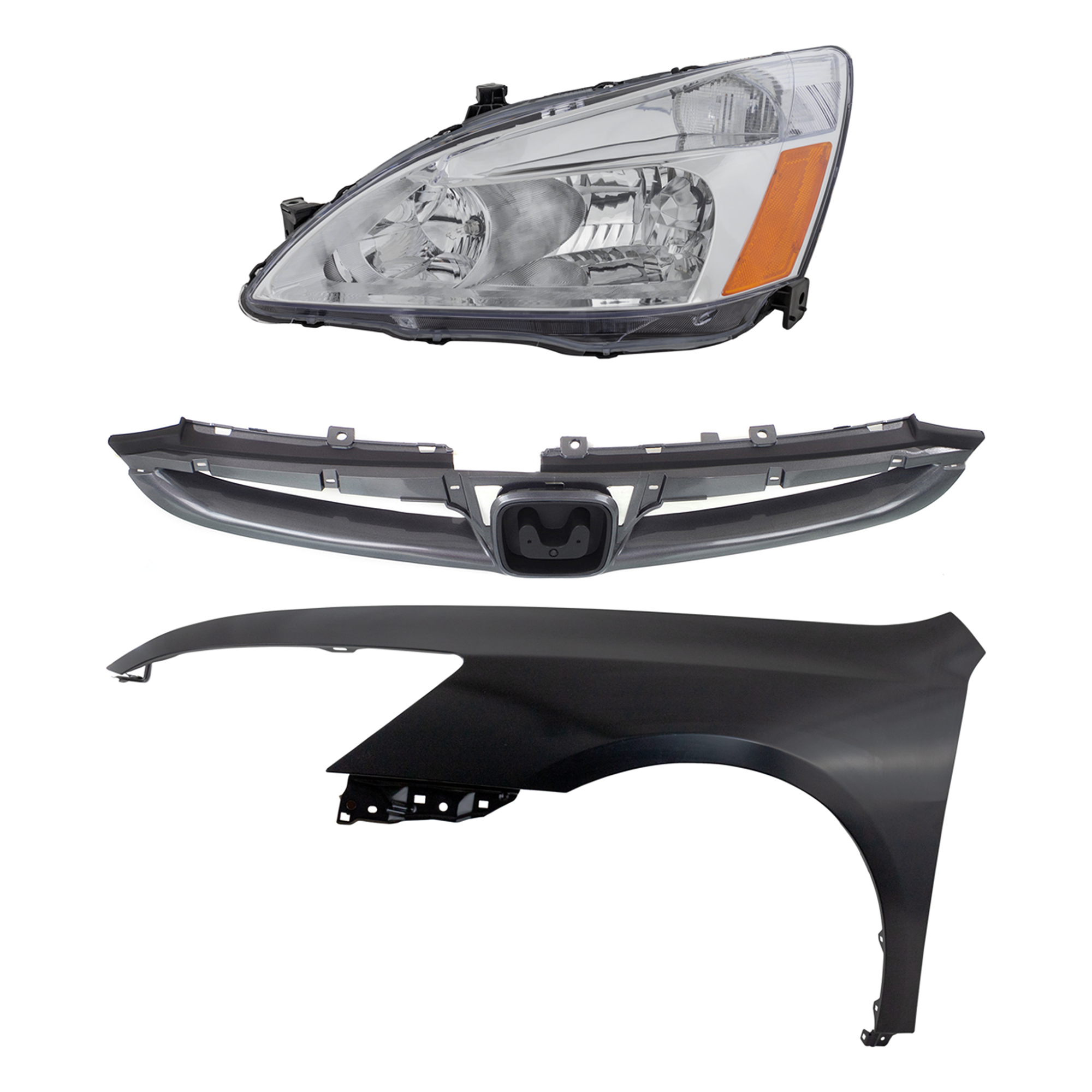 AM ACCORD 06-07 HEAD LAMP LH Assembly Halogen 3 pc Kit with Fender and Grille SKU KIT 030323-12302 Partslink HO1200179C HO1240157C OEM 04630SDAA90ZZ 33151SDAA01 PFM
