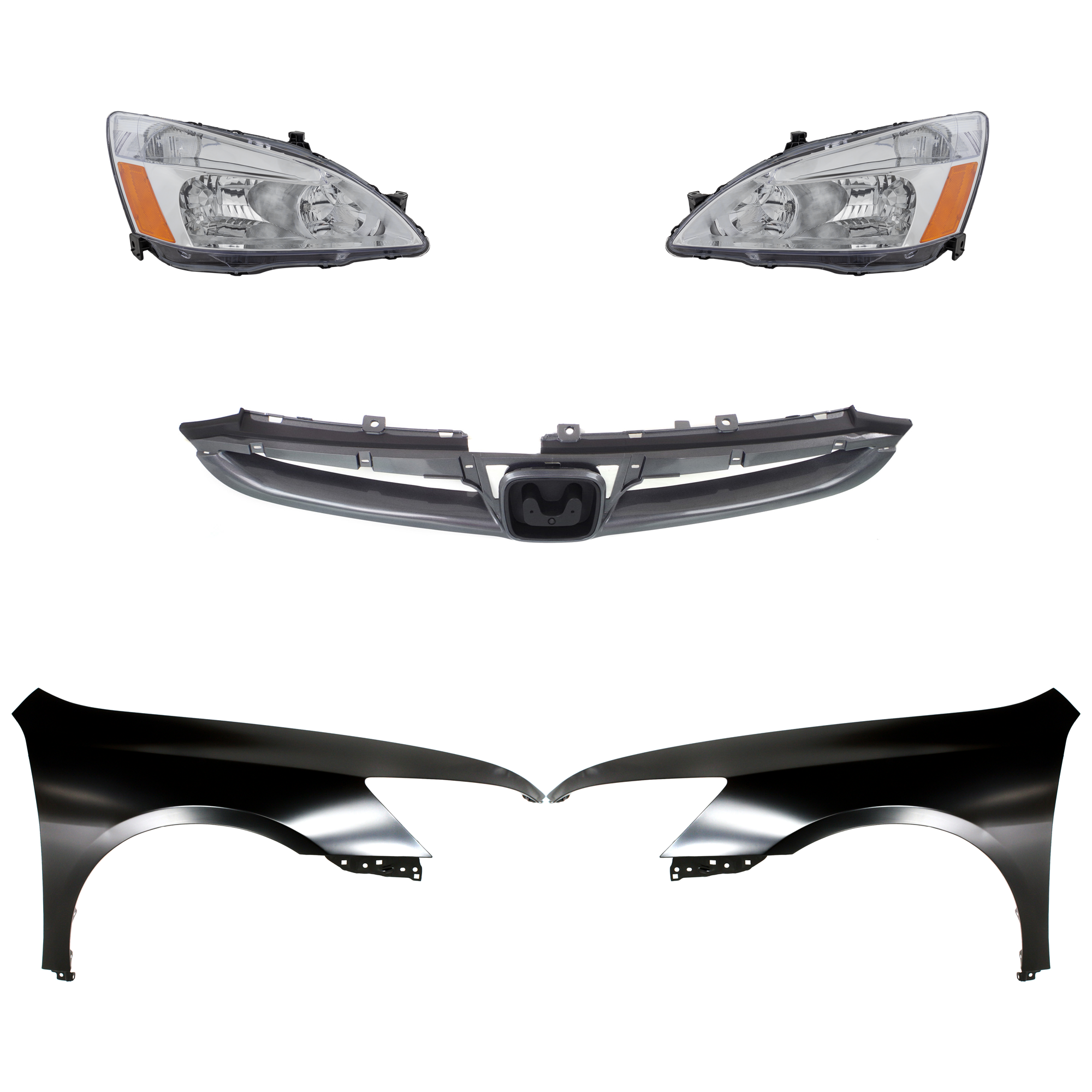 AM ACCORD 06-07 HEAD LAMP RH AND LH Assembly Halogen 5 pc Kit with Fenders and Grille SKU KIT 030323-123 Partslink HO1200179C HO1240157C HO1241157C OEM 04620SDAA90ZZ 04630SDAA90ZZ 33