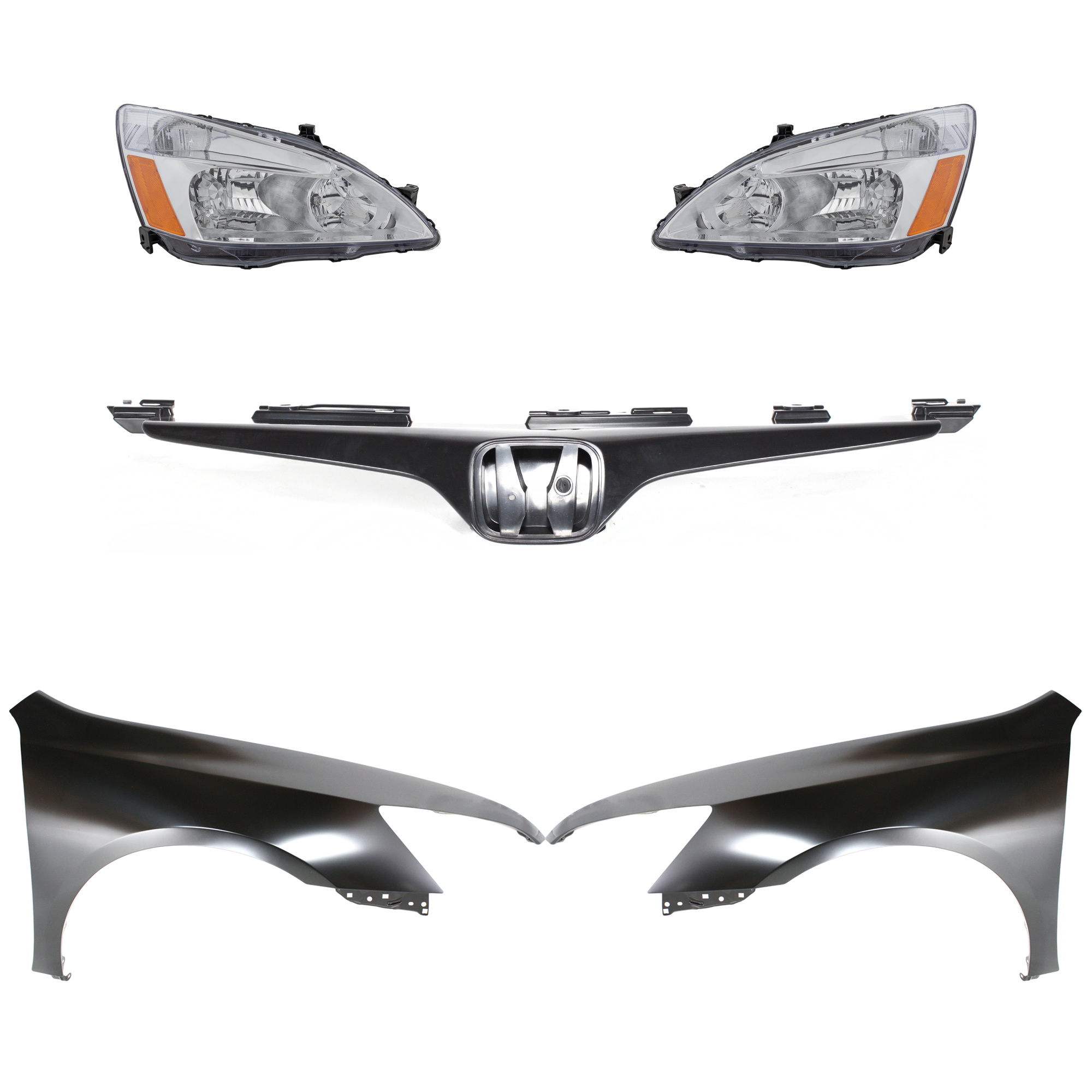 AM ACCORD 03-06 HEAD LAMP RH AND LH Assembly Halogen 5 pc Kit with Fenders and Grille Assembly SKU KIT 030323-124 Partslink HO1240160 HO1241160 HO1200160 OEM 33101SDAA01 PFM 33151SDAA01 PF