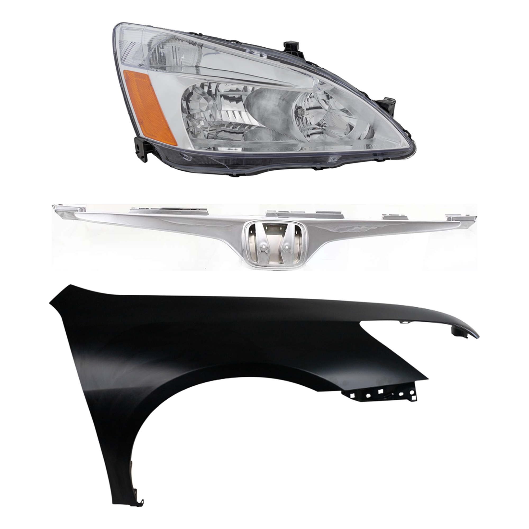 AM ACCORD 03-05 HEAD LAMP RH Assembly Halogen 3 pc Kit with Fender and Grille Assembly SKU KIT 030323-12501 Partslink HO1241160 HO1200161 OEM 33101SDAA01 PFM 04620SDNA90ZZ