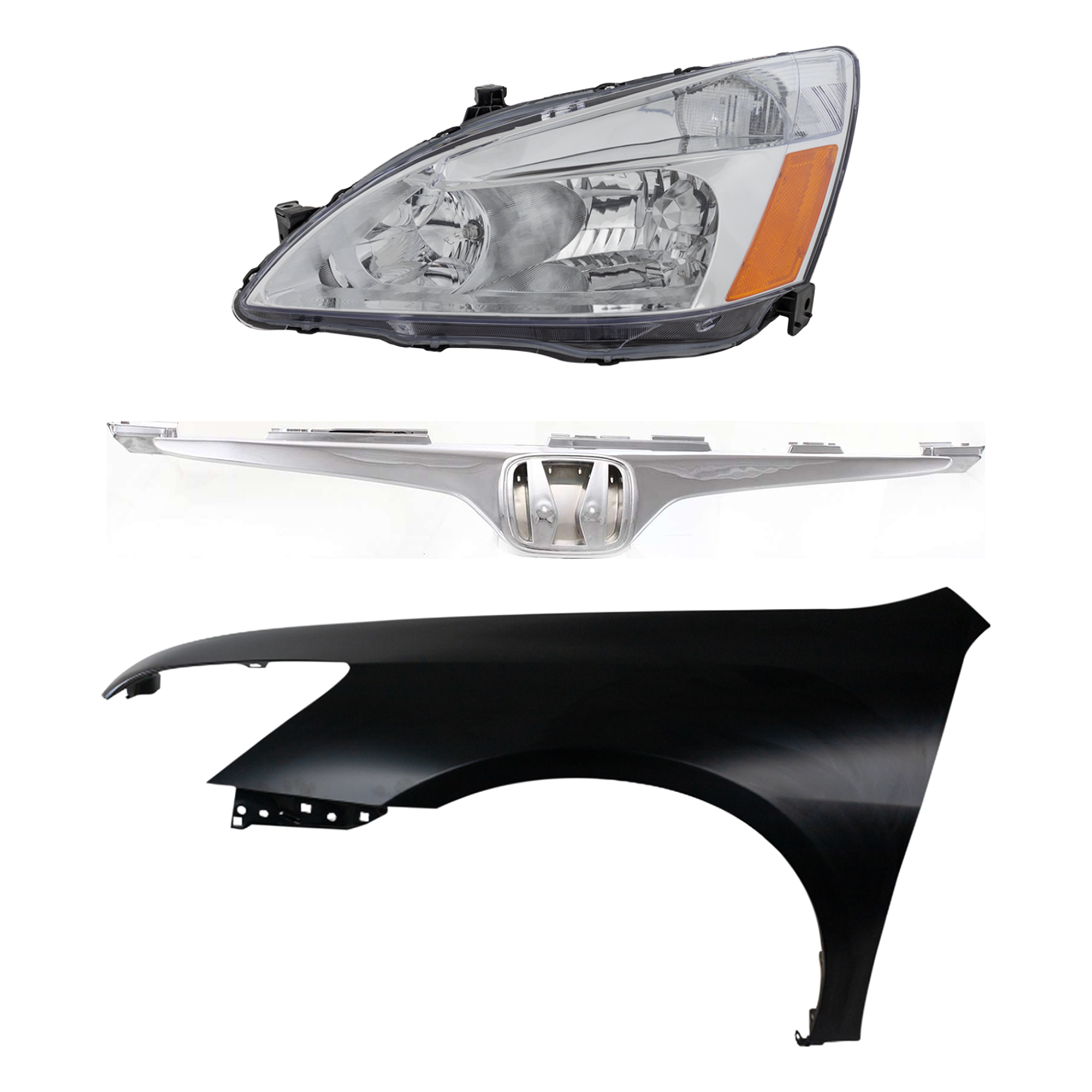 AM ACCORD 03-05 HEAD LAMP LH Assembly Halogen 3 pc Kit with Fender and Grille Assembly SKU KIT 030323-12502 Partslink HO1240160 HO1200161 OEM 33151SDAA01 PFM 04630SDNA90ZZ
