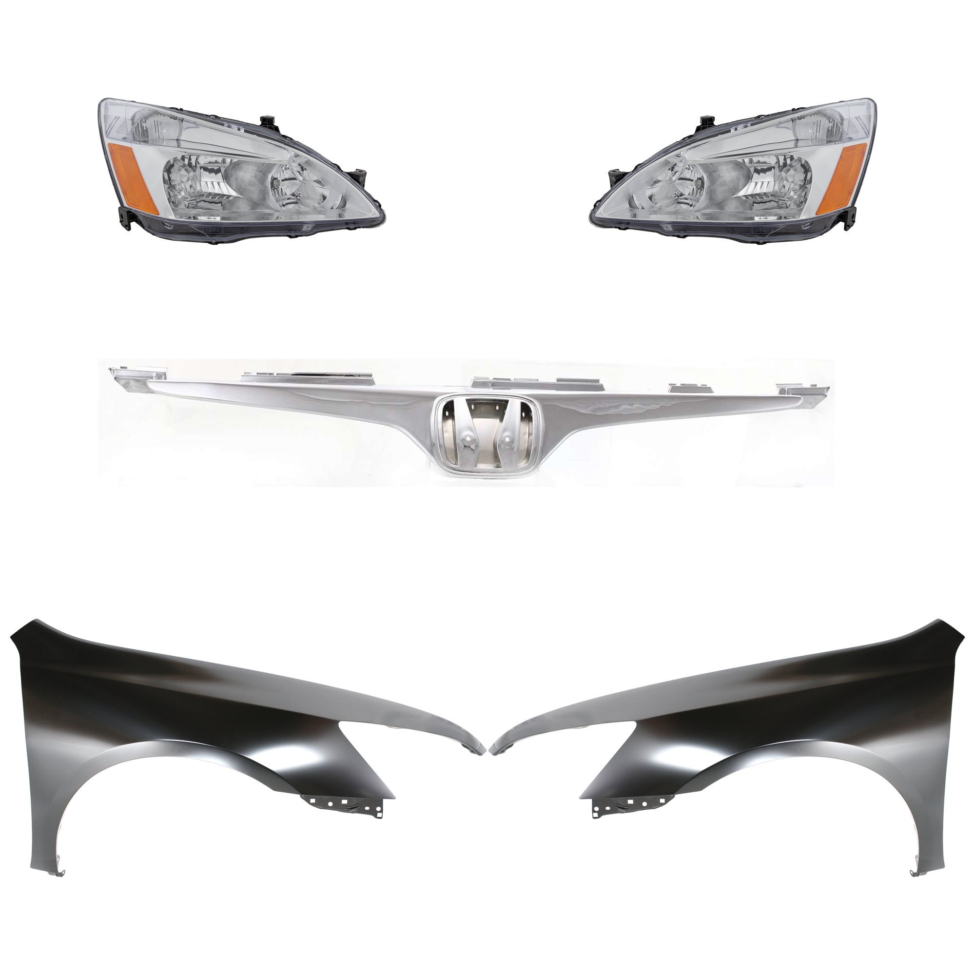 AM ACCORD 03-05 HEAD LAMP RH AND LH Assembly Halogen 5 pc Kit with Fenders and Grille Assembly SKU KIT 030323-125 Partslink HO1240160 HO1241160 HO1200161 OEM 33101SDAA01 PFM 33151SDAA01 PF