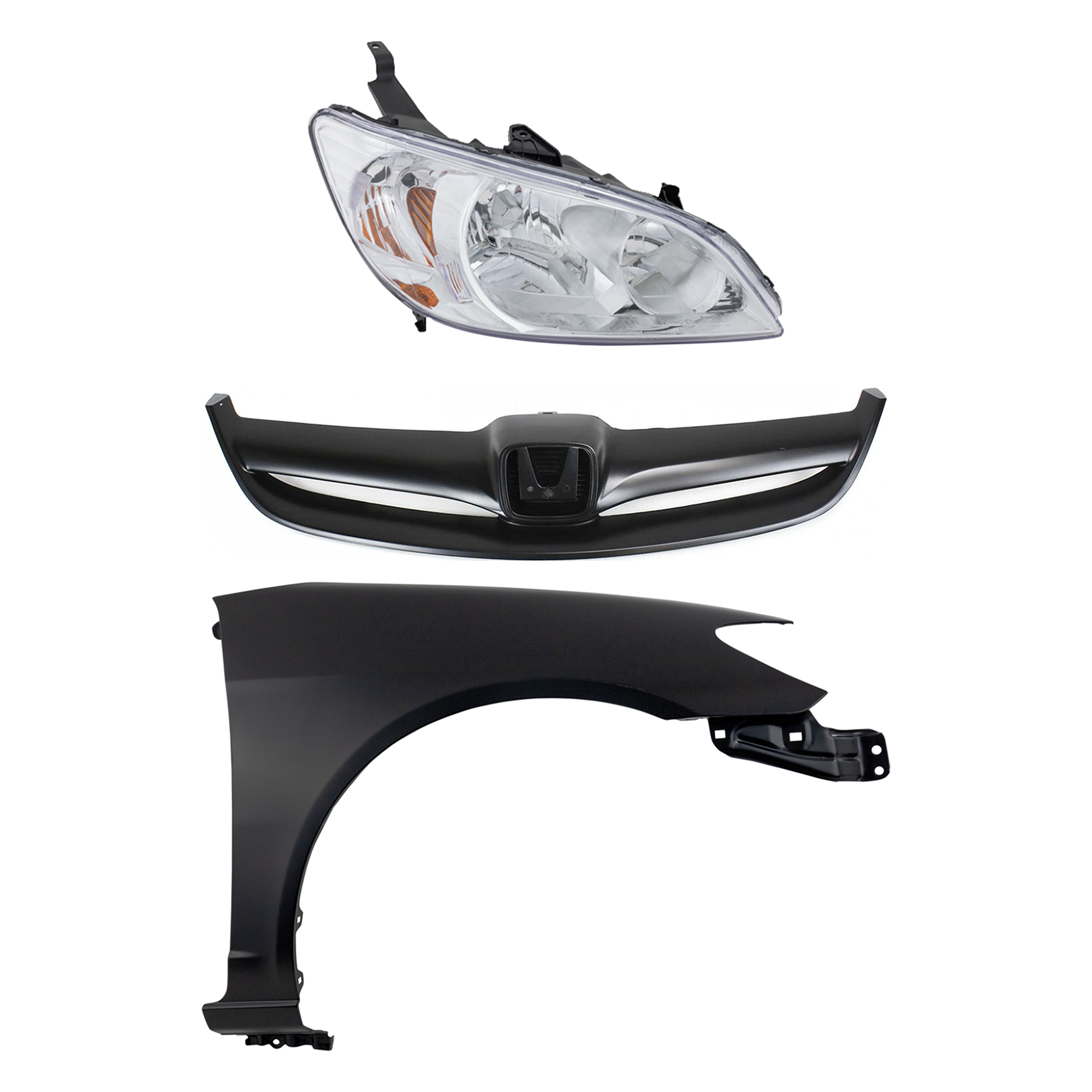 AM CIVIC 04-05 HEAD LAMP RH Lens and Housing Halogen 3 pc Kit with Fender and Grille SKU KIT 030323-12901 Partslink HO2503121 HO1241162 HO1200164 OEM 33101S5AA51-60211S5AA80ZZ 7112