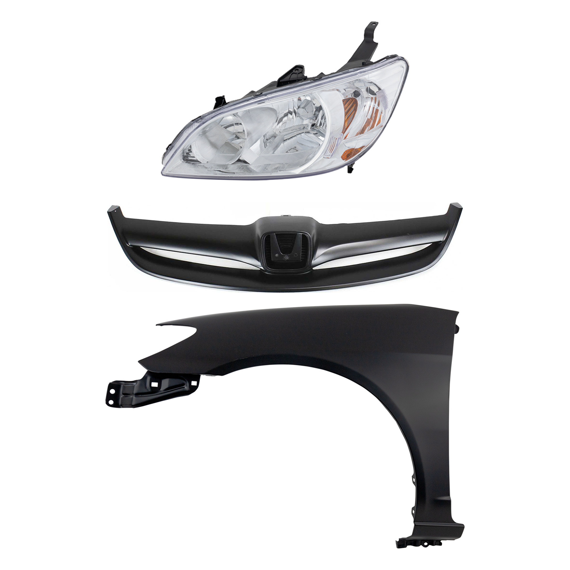 AM CIVIC 04-05 HEAD LAMP LH Lens and Housing Halogen 3 pc Kit with Fender and Grille SKU KIT 030323-12902 Partslink HO2502121 HO1240162 HO1200164 OEM 33151S5AA51-60261S5AA80ZZ 7112