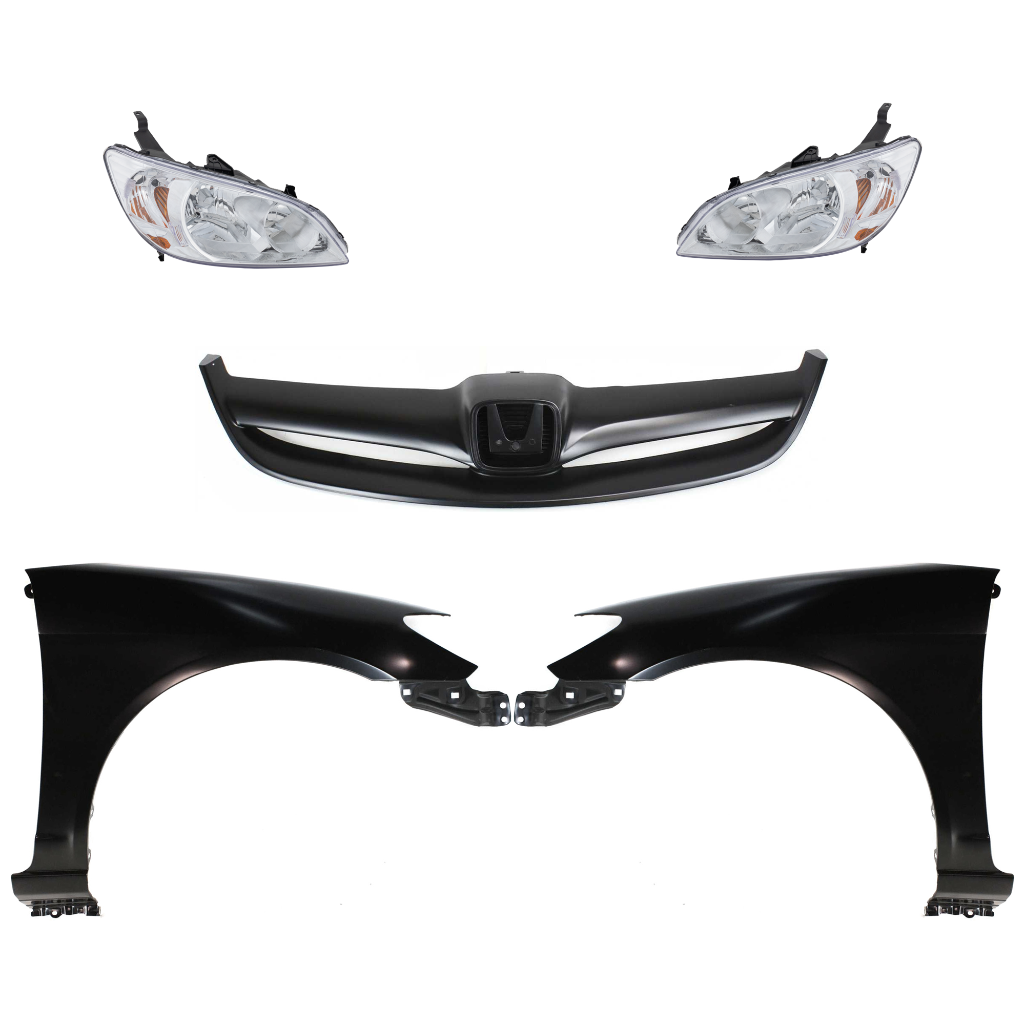 AM CIVIC 04-05 HEAD LAMP RH AND LH Lens and Housing Halogen 5 pc Kit with Fenders and Grille SKU KIT 030323-129 Partslink HO2502121 HO2503121 HO1241162 HO1240162 HO1200164 OEM 33151S5AA51-33101S5AA51-60211S