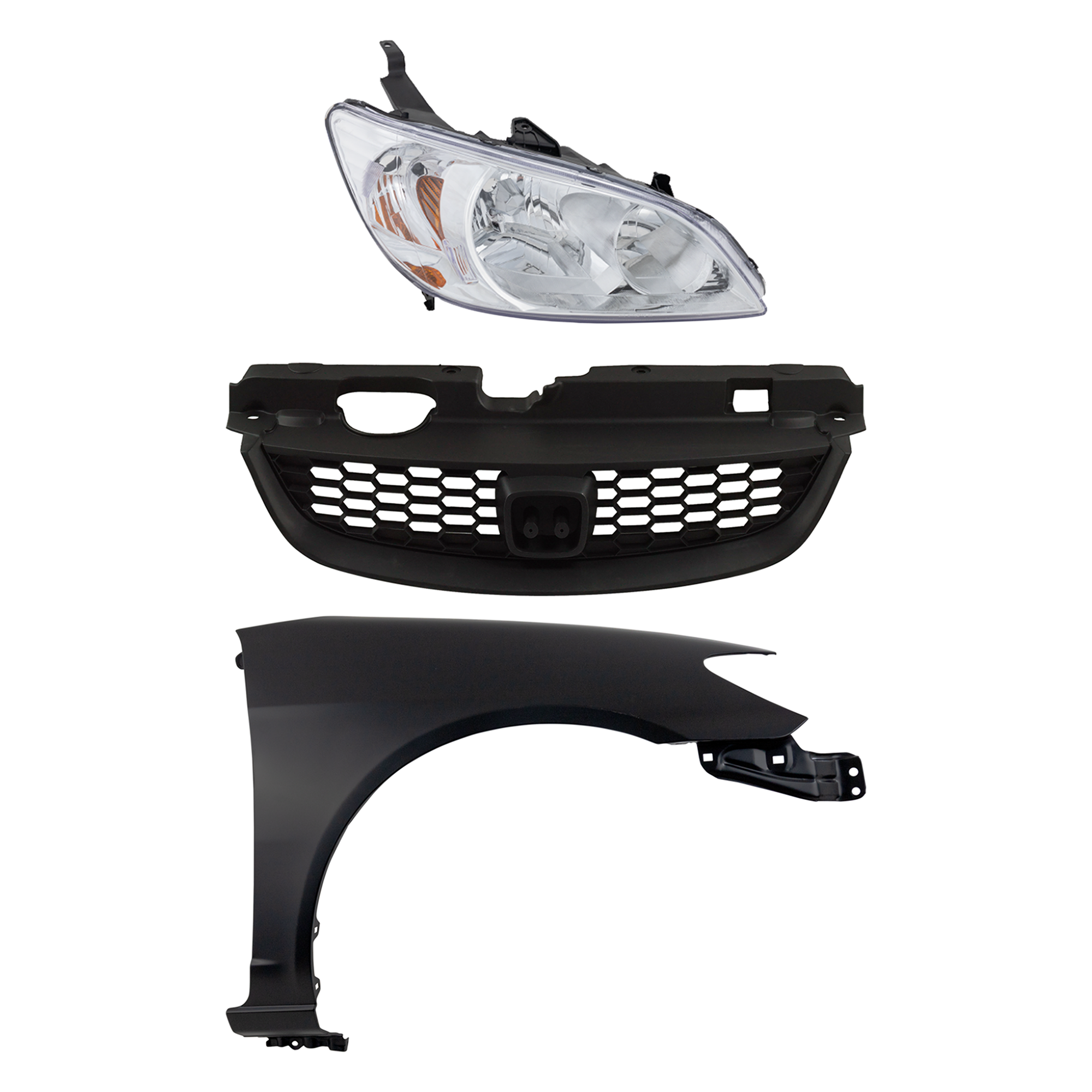 AM CIVIC 04-05 HEAD LAMP RH Lens and Housing Halogen 3 pc Kit with Fender and Grille SKU KIT 030323-13001 Partslink HO2503121 HO1241162 HO1200165 OEM 33101S5AA51-60211S5AA80ZZ 7112