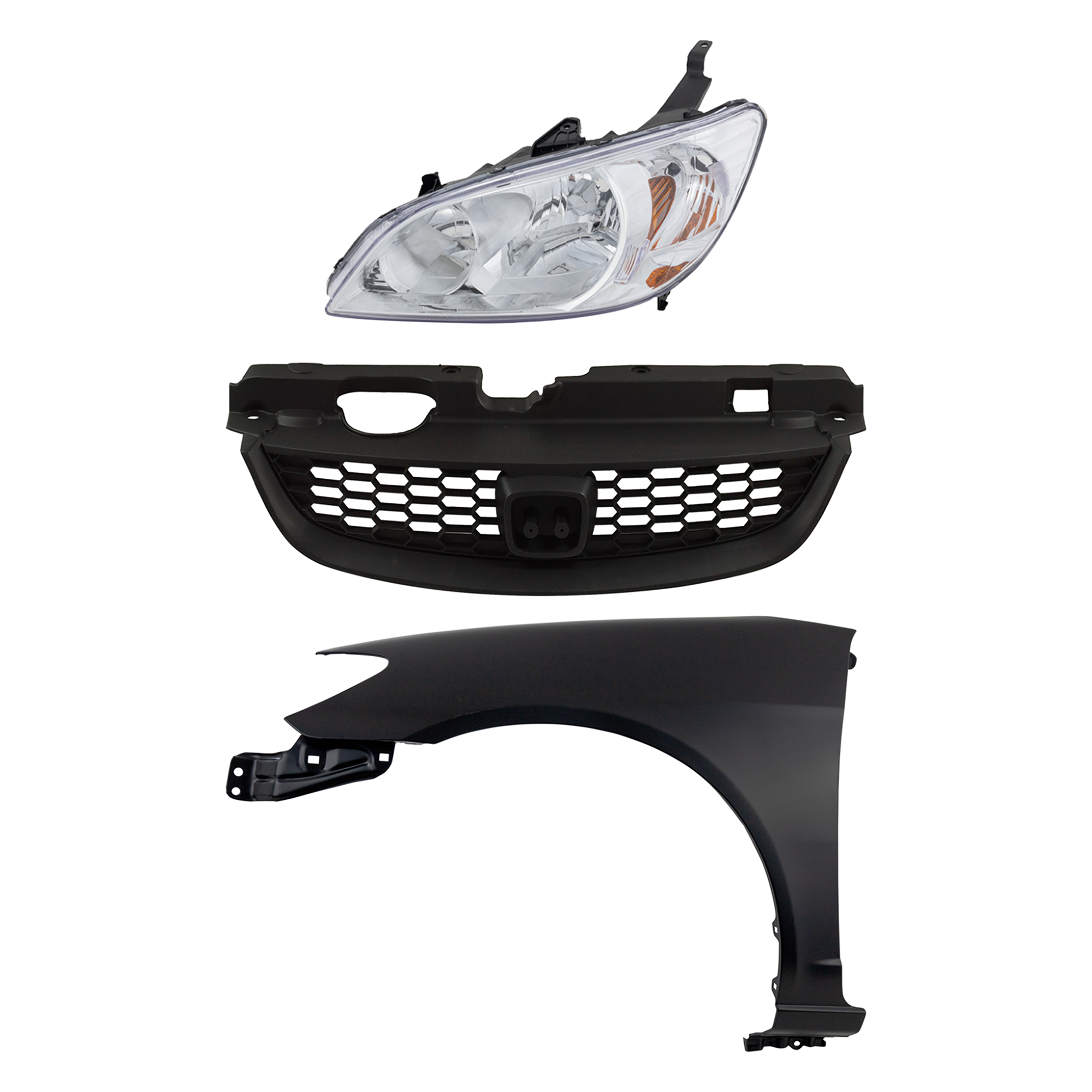 AM CIVIC 04-05 HEAD LAMP LH Lens and Housing Halogen 3 pc Kit with Fender and Grille SKU KIT 030323-13002 Partslink HO2502121 HO1240162 HO1200165 OEM 33151S5AA51-60261S5AA80ZZ 7112