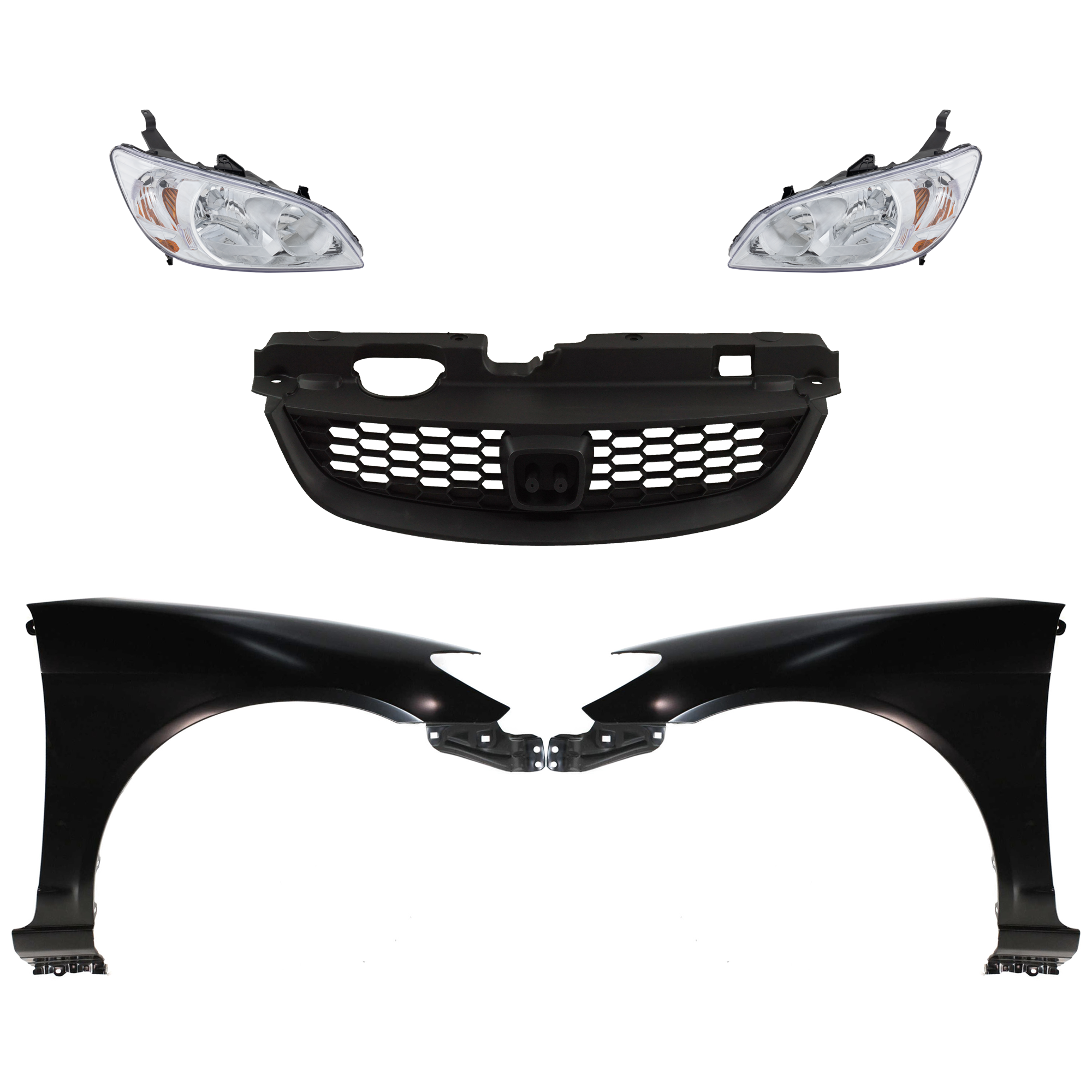 AM CIVIC 04-05 HEAD LAMP RH AND LH Lens and Housing Halogen 5 pc Kit with Fenders and Grille SKU KIT 030323-130 Partslink HO2502121 HO2503121 HO1241162 HO1240162 HO1200165 OEM 33151S5AA51-33101S5AA51-60211S