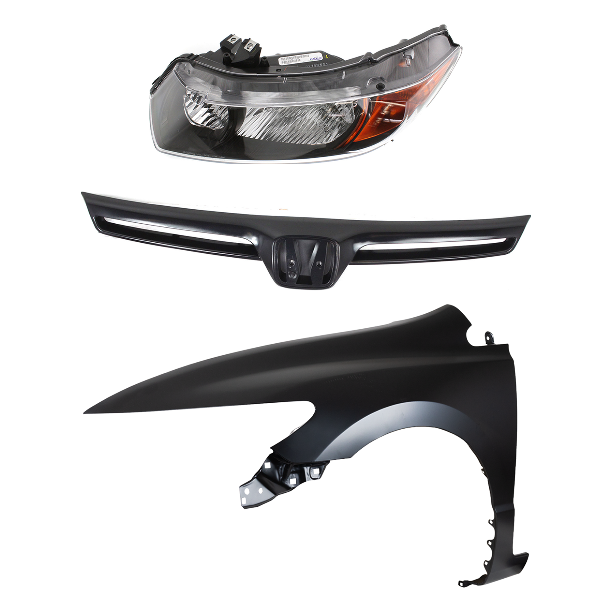 AM CIVIC 06-07 HEAD LAMP LH Assembly Halogen 3 pc Kit with Fender and Grille SKU KIT 030323-13802 Partslink HO1240169 HO1200174 OEM 33151SVAA01 PFM 60261SVAA90ZZ