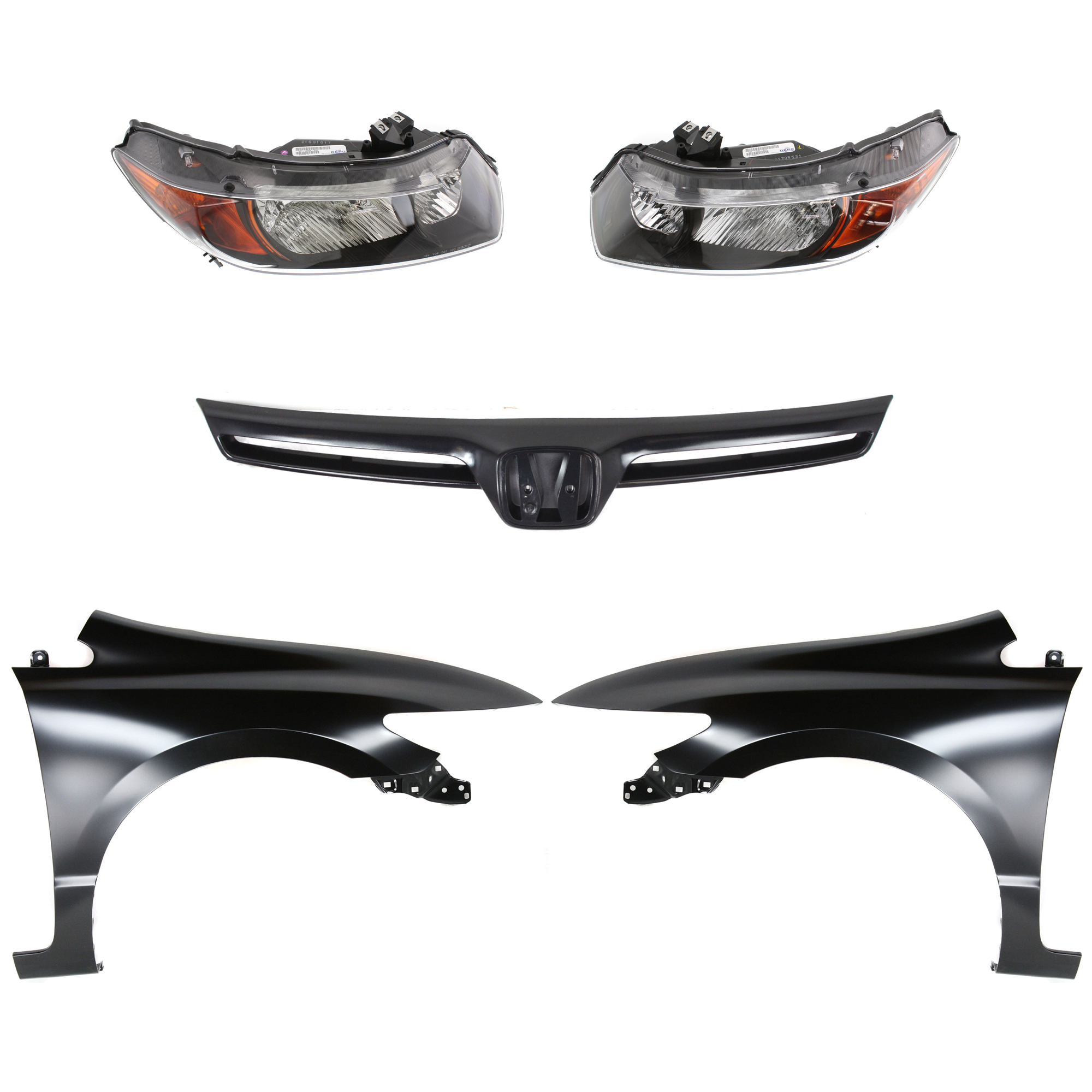 AM CIVIC 06-07 HEAD LAMP RH AND LH Assembly Halogen 5 pc Kit with Fenders and Grille SKU KIT 030323-138 Partslink HO1240169 HO1241169 HO1200174 OEM 33101SVAA02 PFM 33151SVAA01 PF