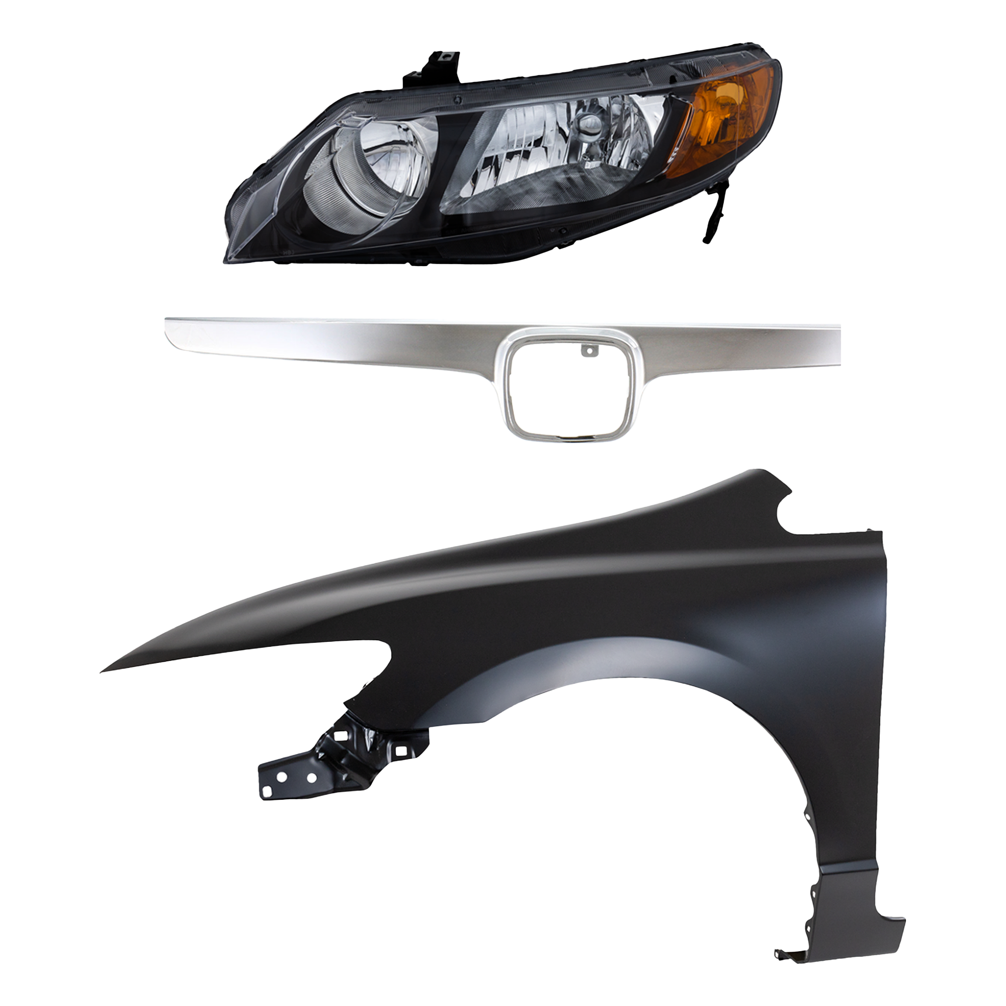 AM CIVIC 06-08 HEAD LAMP LH Lens and Housing Halogen 3 pc Kit with Fender and Grille Assembly SKU KIT 030323-14002 Partslink HO2502125 HO1240168 HO1200172 OEM 33151SNAA02-60261SNAA90ZZ 7112