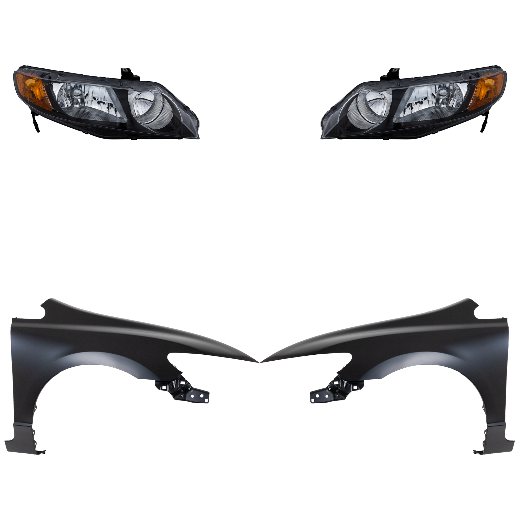 AM CIVIC 06-08 HEAD LAMP RH AND LH Lens and Housing Halogen 4 pc Kit with Fenders SKU KIT 030323-14003 Partslink HO2502125 HO2503125 HO1240168 HO1241168 OEM 33101SNAA02-33151SNAA02-60261S