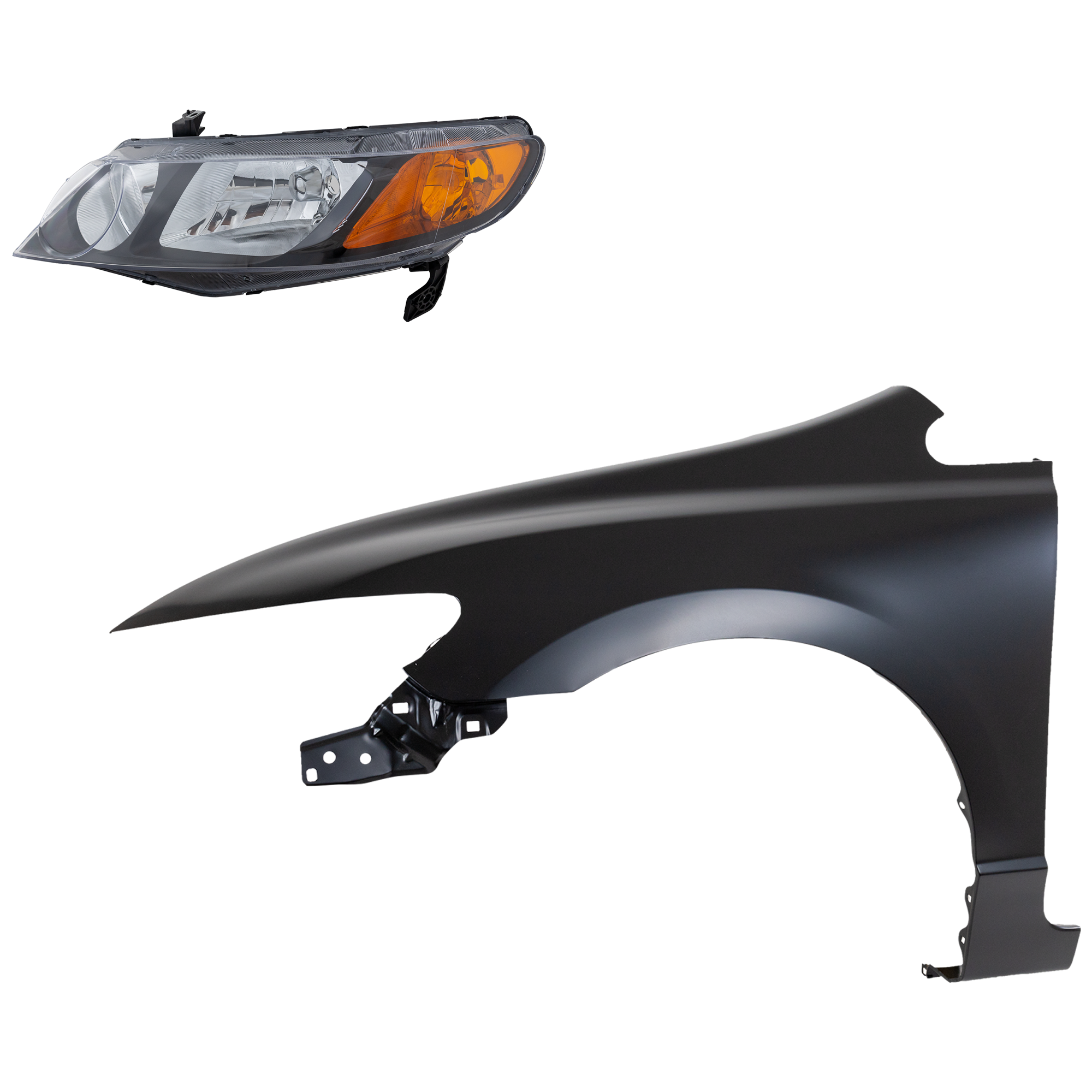 AM CIVIC 06-08 HEAD LAMP LH Lens and Housing Halogen 2 pc Kit with Fender SKU KIT 030323-14005 Partslink HO2502125 HO1240168 OEM 33151SNAA02-60261SNAA90ZZ