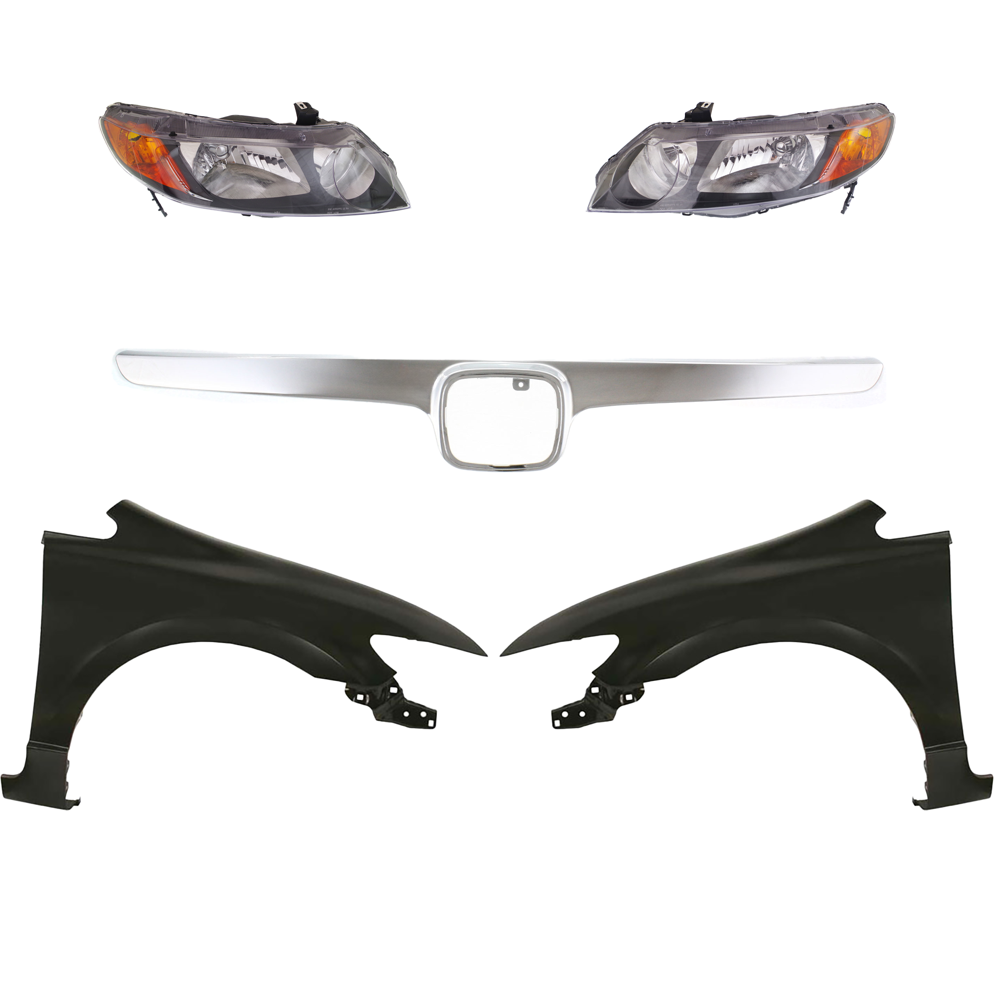 AM CIVIC 06-08 HEAD LAMP RH AND LH Lens and Housing Halogen 5 pc Kit with Fenders and Grille Assembly SKU KIT 030323-140 Partslink HO2502125 HO2503125 HO1240168 HO1241168 HO1200172 OEM 33151SNAA02-33101SNAA02-60261S