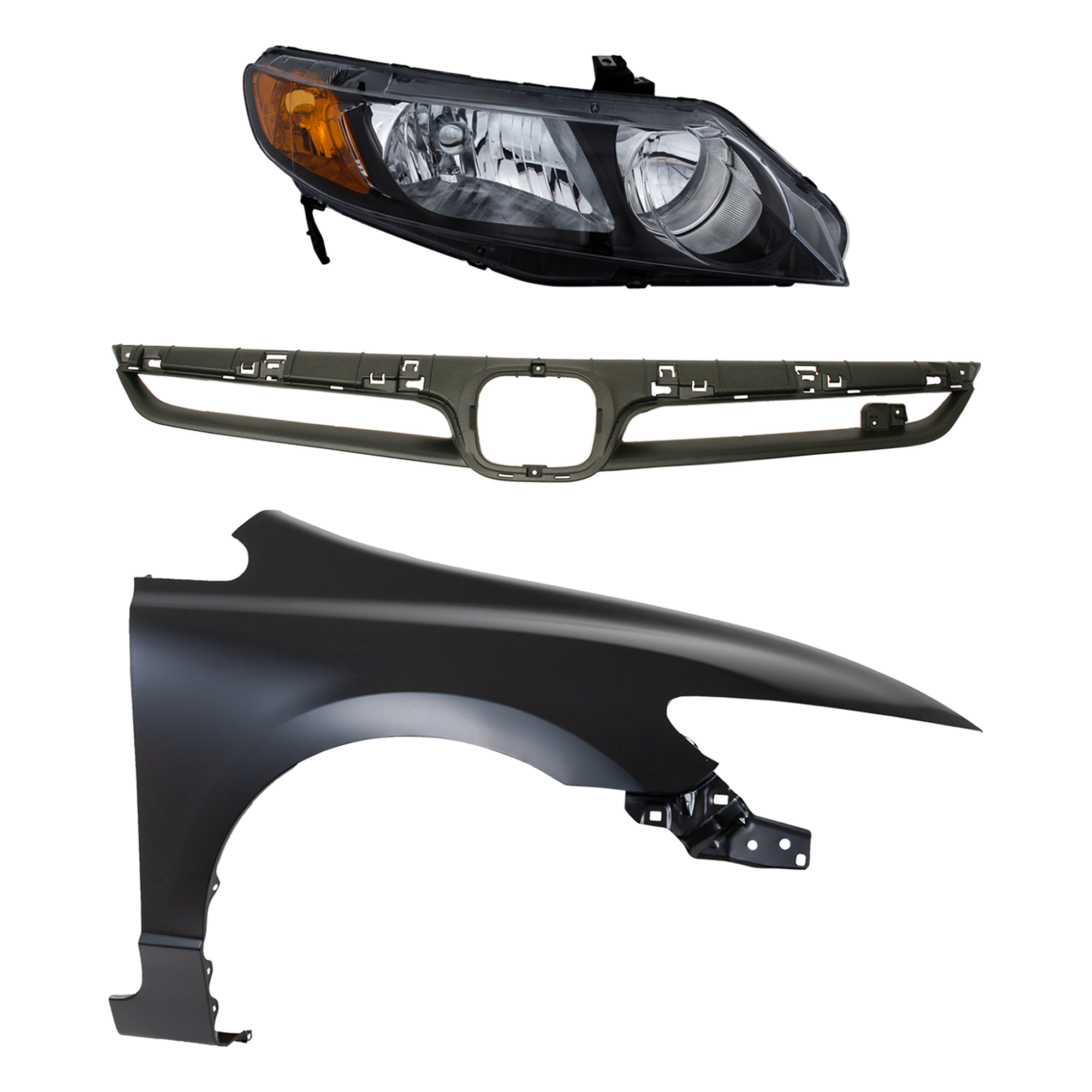AM CIVIC 07-08 GRILLE Painted Silver Shell and Insert 3 pc Kit with Fender and Headlight SKU KIT 030323-14101 Partslink HO1200197 HO1241168 HO2503125 OEM 71121SNXA00ZA 60211SNAA90ZZ 33