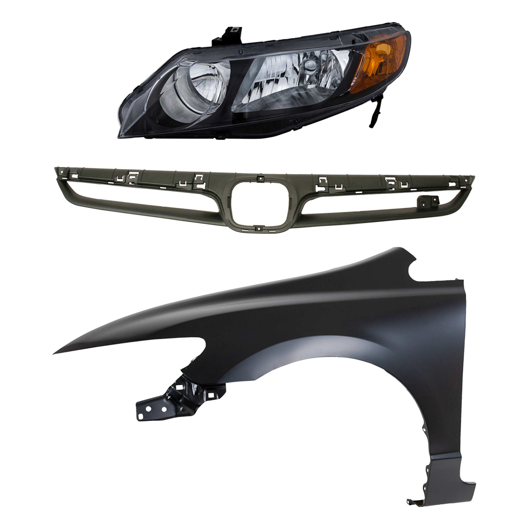 AM CIVIC 07-08 GRILLE Painted Silver Shell and Insert 3 pc Kit with Fender and Headlight SKU KIT 030323-14102 Partslink HO1200197 HO1240168 HO2502125 OEM 71121SNXA00ZA 60261SNAA90ZZ 33