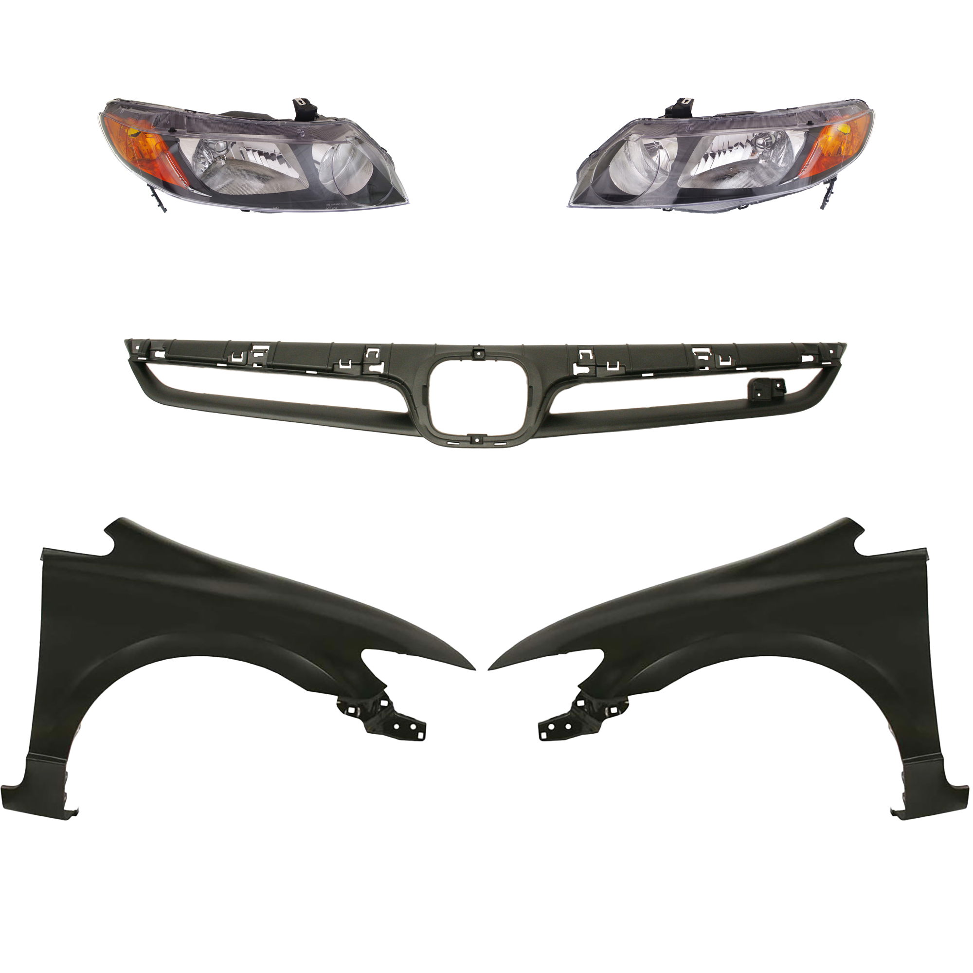 AM CIVIC 07-08 GRILLE Painted Silver Shell and Insert 5 pc Kit with Fenders and Headlights SKU KIT 030323-141 Partslink HO1200197 HO1240168 HO1241168 HO2503125 HO2502125 OEM 71121SNXA00ZA 60261SNAA90ZZ 60