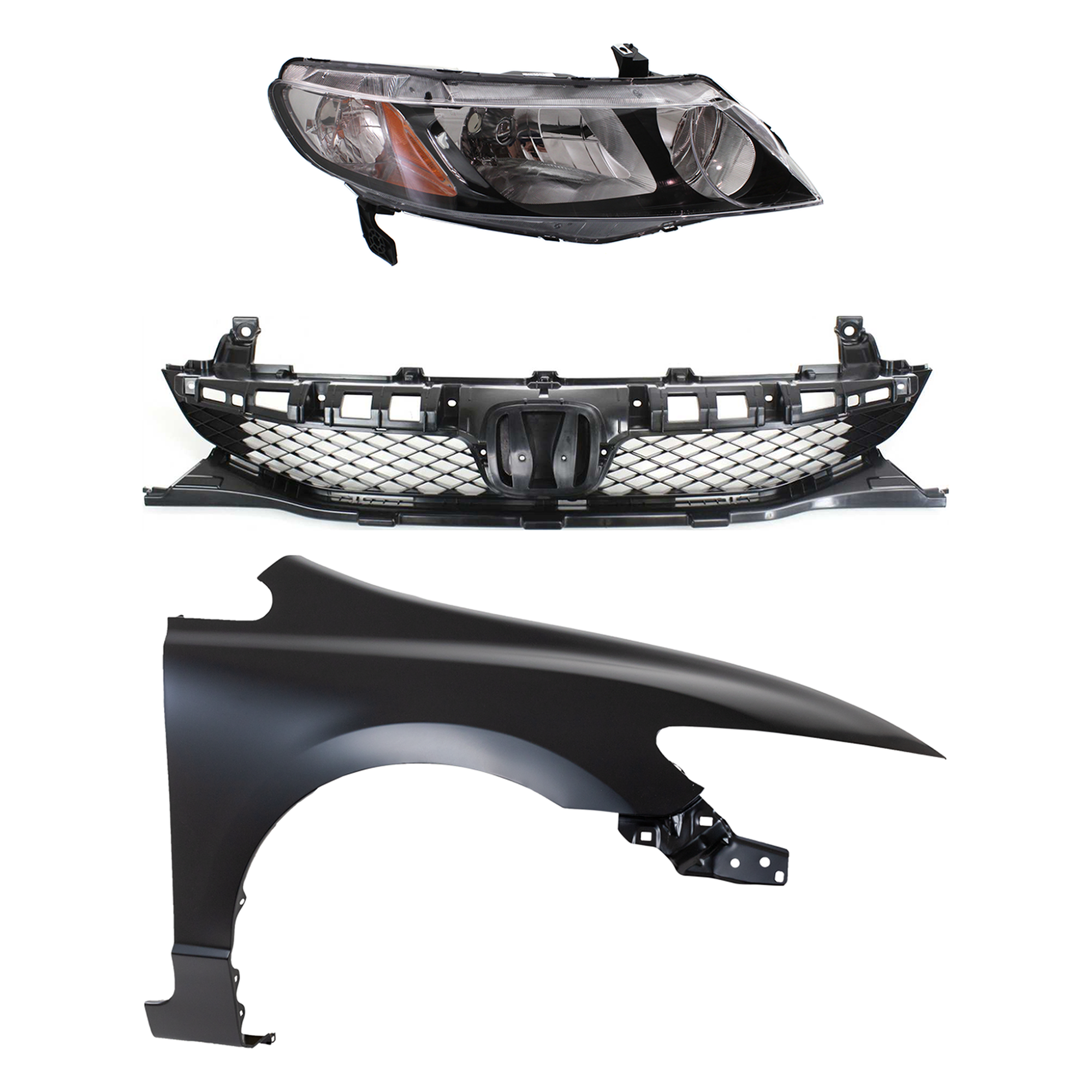 AM CIVIC 09-11 HEAD LAMP RH Lens and Housing Halogen 3 pc Kit with Fender and Grille Assembly SKU KIT 030323-14301 Partslink HO2503127 HO1241168 HO1200198 OEM 33101SNCA01-60211SNAA90ZZ 7112