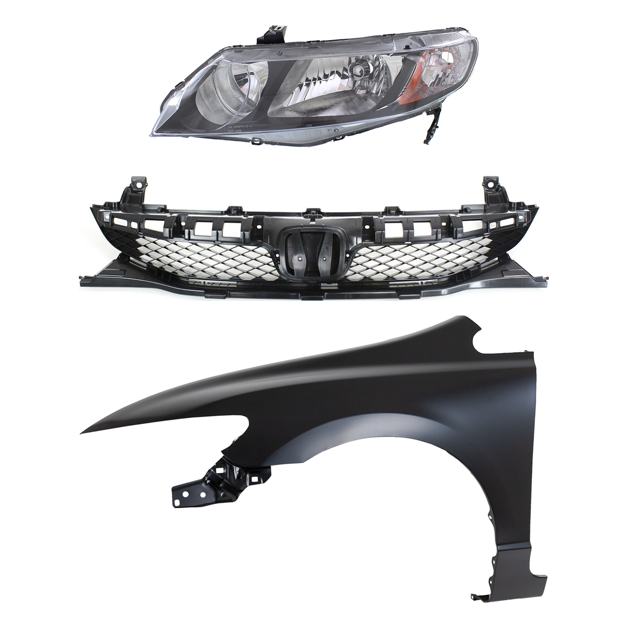 AM CIVIC 09-11 HEAD LAMP LH Lens and Housing Halogen 3 pc Kit with Fender and Grille Assembly SKU KIT 030323-14302 Partslink HO2502127 HO1240168 HO1200198 OEM 33151SNCA01-60261SNAA90ZZ 7112