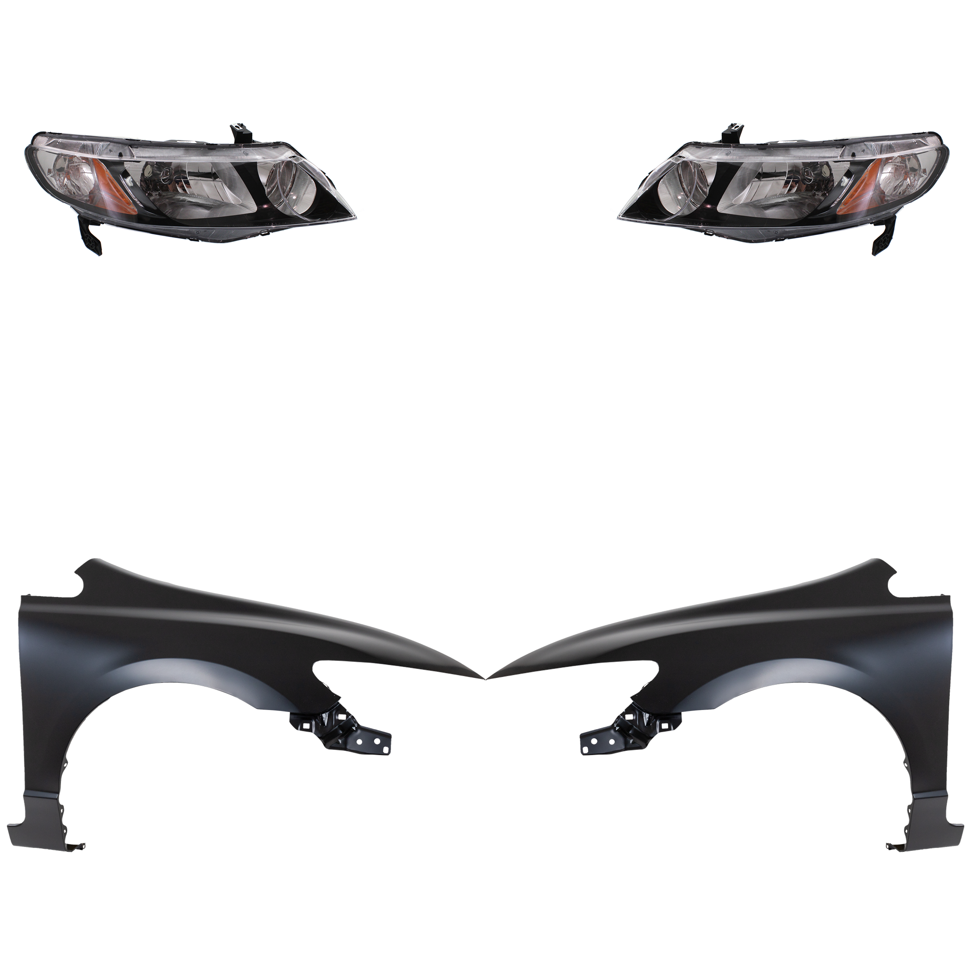 AM CIVIC 09-11 HEAD LAMP RH AND LH Lens and Housing Halogen 4 pc Kit with Fenders SKU KIT 030323-14303 Partslink HO2503127 HO2502127 HO1240168 HO1241168 OEM 33101SNCA01-33151SNCA01-60261S