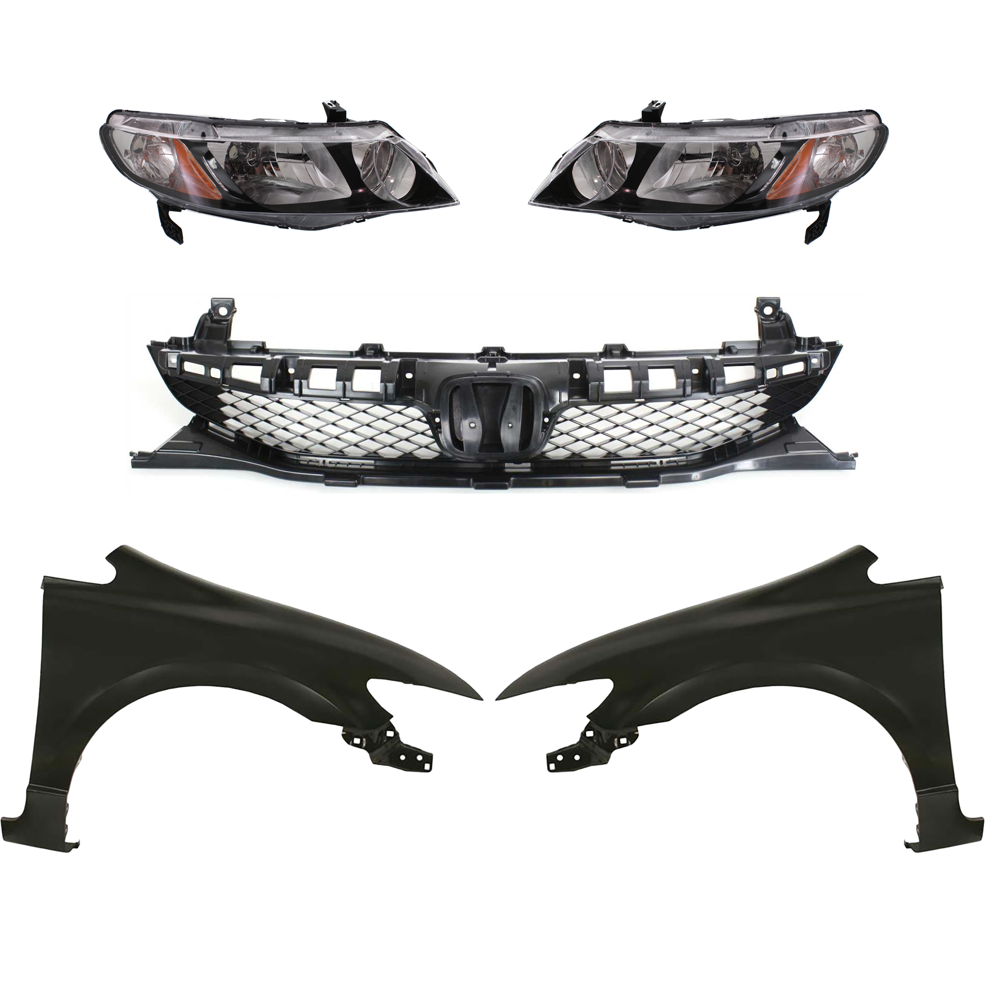AM CIVIC 09-11 HEAD LAMP RH AND LH Lens and Housing Halogen 5 pc Kit with Fenders and Grille Assembly SKU KIT 030323-143 Partslink HO2502127 HO2503127 HO1240168 HO1241168 HO1200198 OEM 33151SNCA01-33101SNCA01-60261S