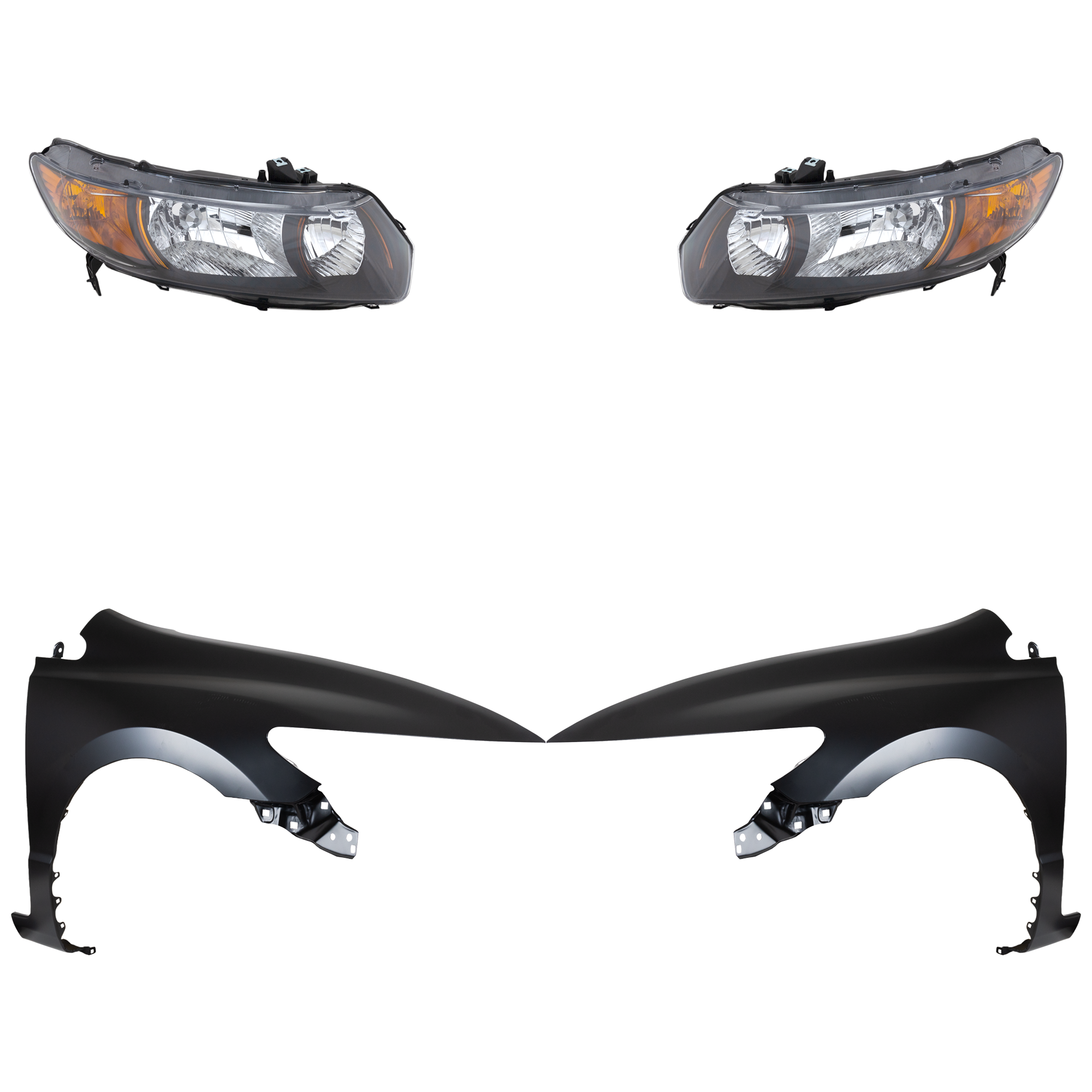 AM CIVIC 06-08 HEAD LAMP RH AND LH Lens and Housing Halogen 4 pc Kit with Fenders SKU KIT 030323-14503 Partslink HO1240169 HO1241169 OEM 33101SVBA11-33101SVBA02-33151S