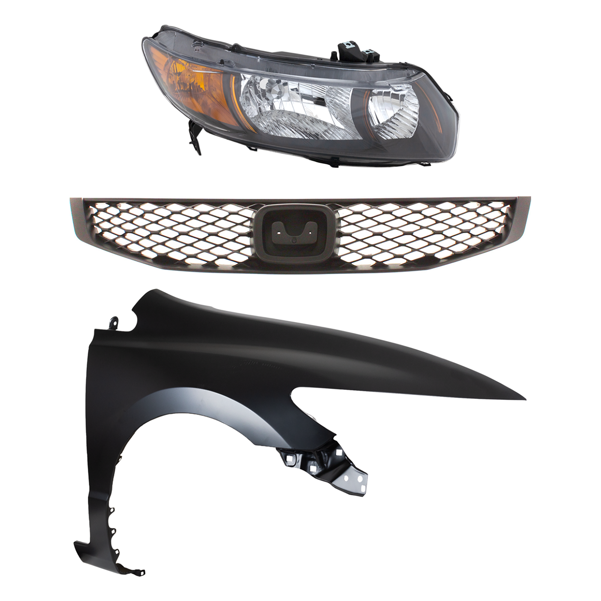 AM CIVIC 09-09 HEAD LAMP RH Lens and Housing Halogen 3 pc Kit with Fender and Grille SKU KIT 030323-14601 Partslink HO1241169 HO1200199 OEM 33101SVBA11-33101SVBA02-60211S