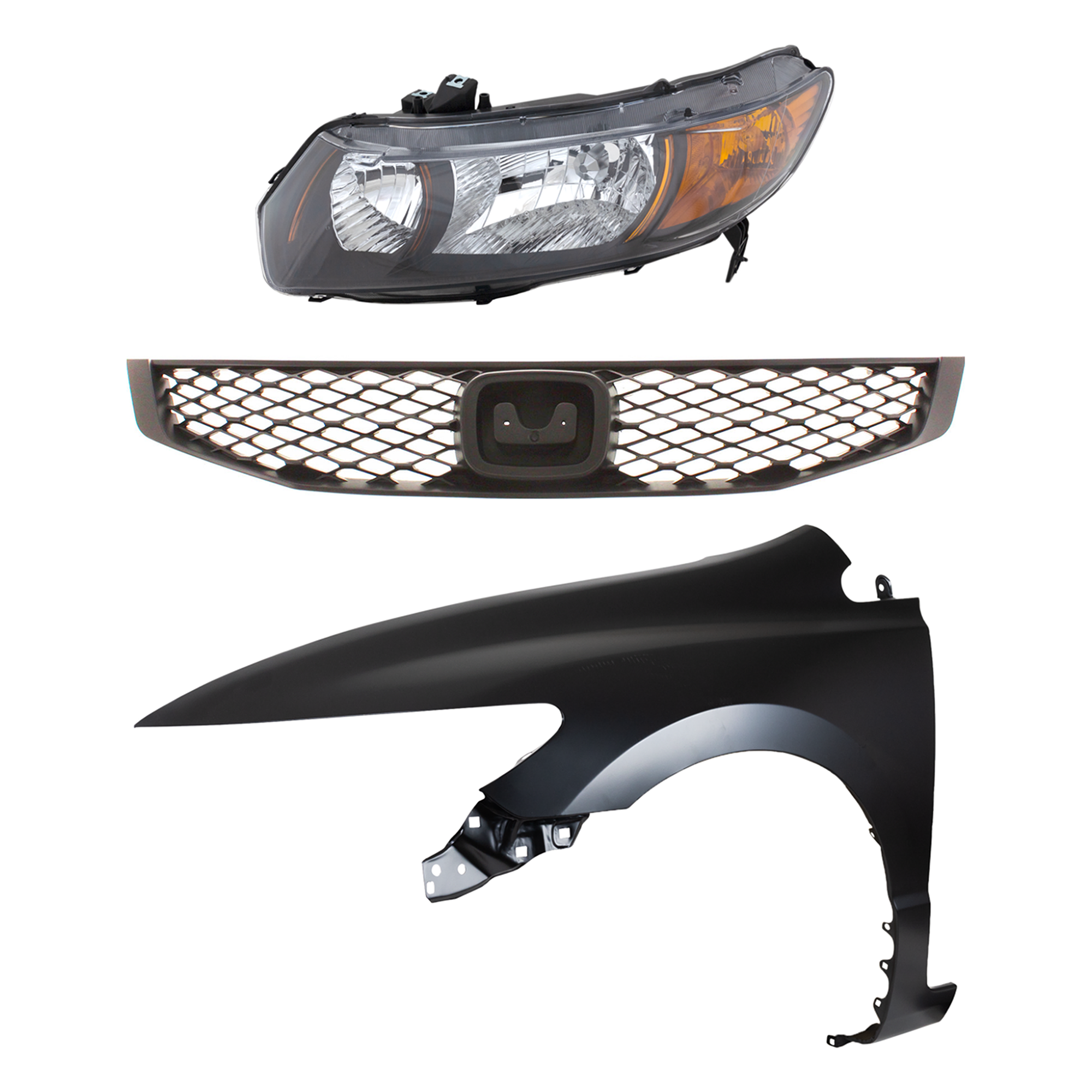 AM CIVIC 09-09 HEAD LAMP LH Lens and Housing Halogen 3 pc Kit with Fender and Grille SKU KIT 030323-14602 Partslink HO1240169 HO1200199 OEM 33151SVBA11-33151SVBA01-60261S
