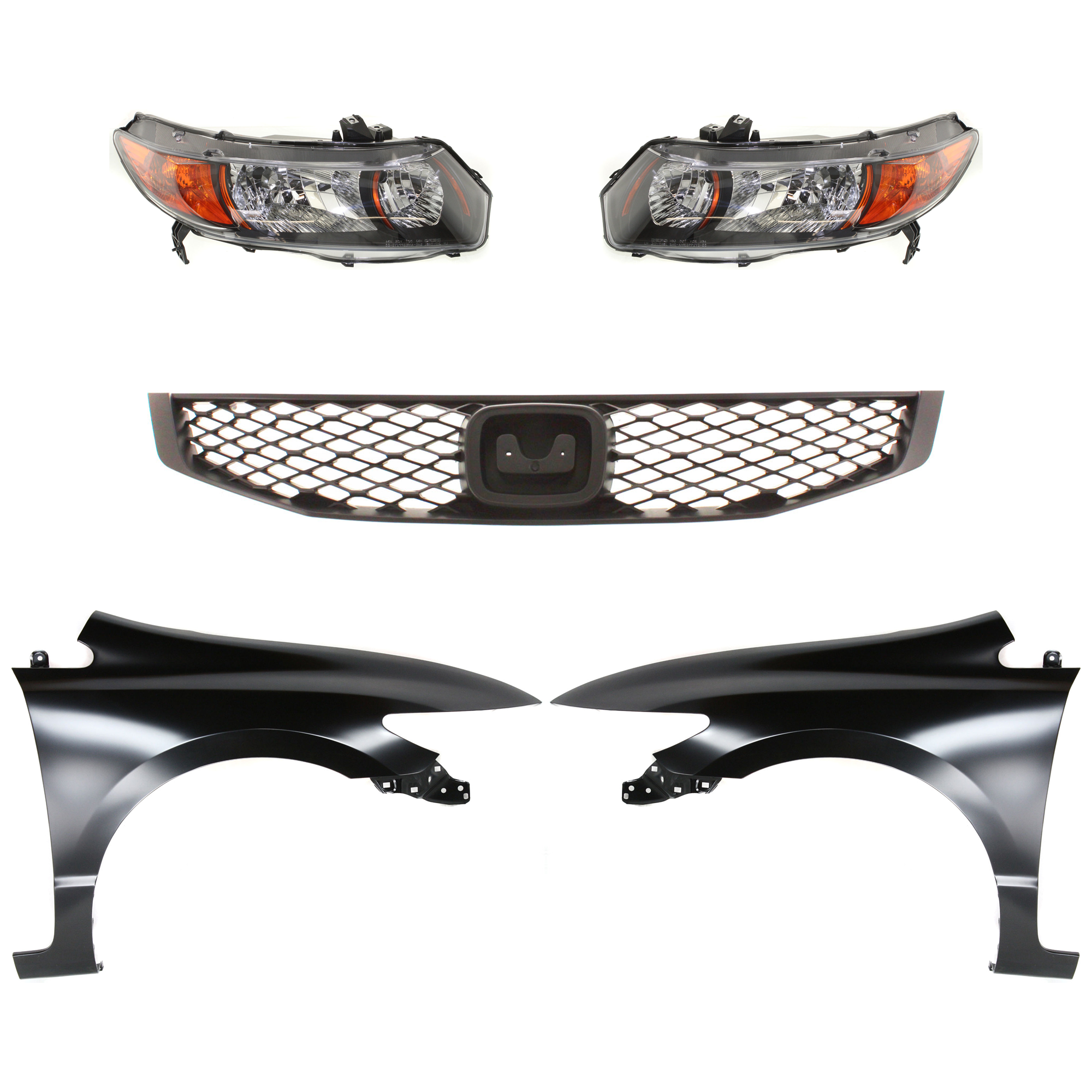 AM CIVIC 09-09 HEAD LAMP RH AND LH Lens and Housing Halogen 5 pc Kit with Fenders and Grille SKU KIT 030323-146 Partslink HO1240169 HO1241169 HO1200199 OEM 33101SVBA11-33101SVBA02-33151S